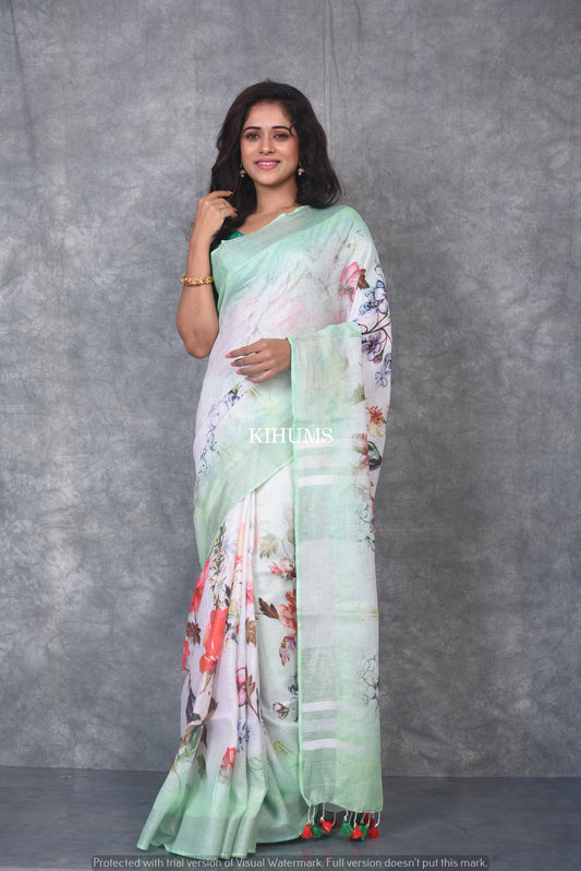 White Printed linen saree I Silver Zari Border with Green shadeI Handwoven Saree I Pretty Sari | KIHUMS Saree