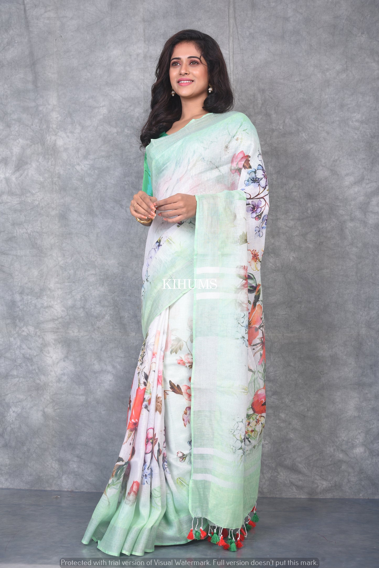 White Printed linen saree I Silver Zari Border with Green shadeI Handwoven Saree I Pretty Sari | KIHUMS Saree