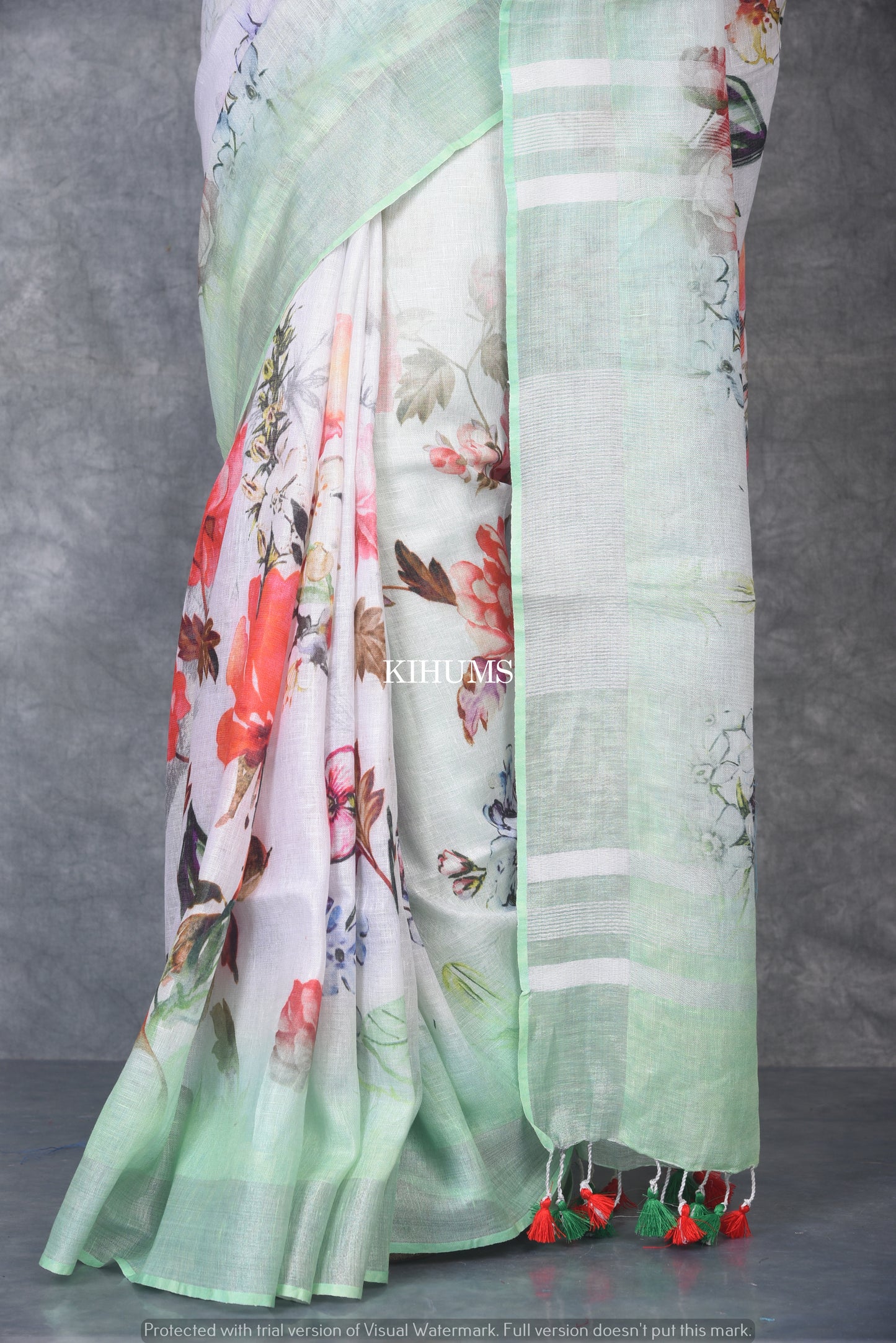 White Printed linen saree I Silver Zari Border with Green shadeI Handwoven Saree I Pretty Sari | KIHUMS Saree
