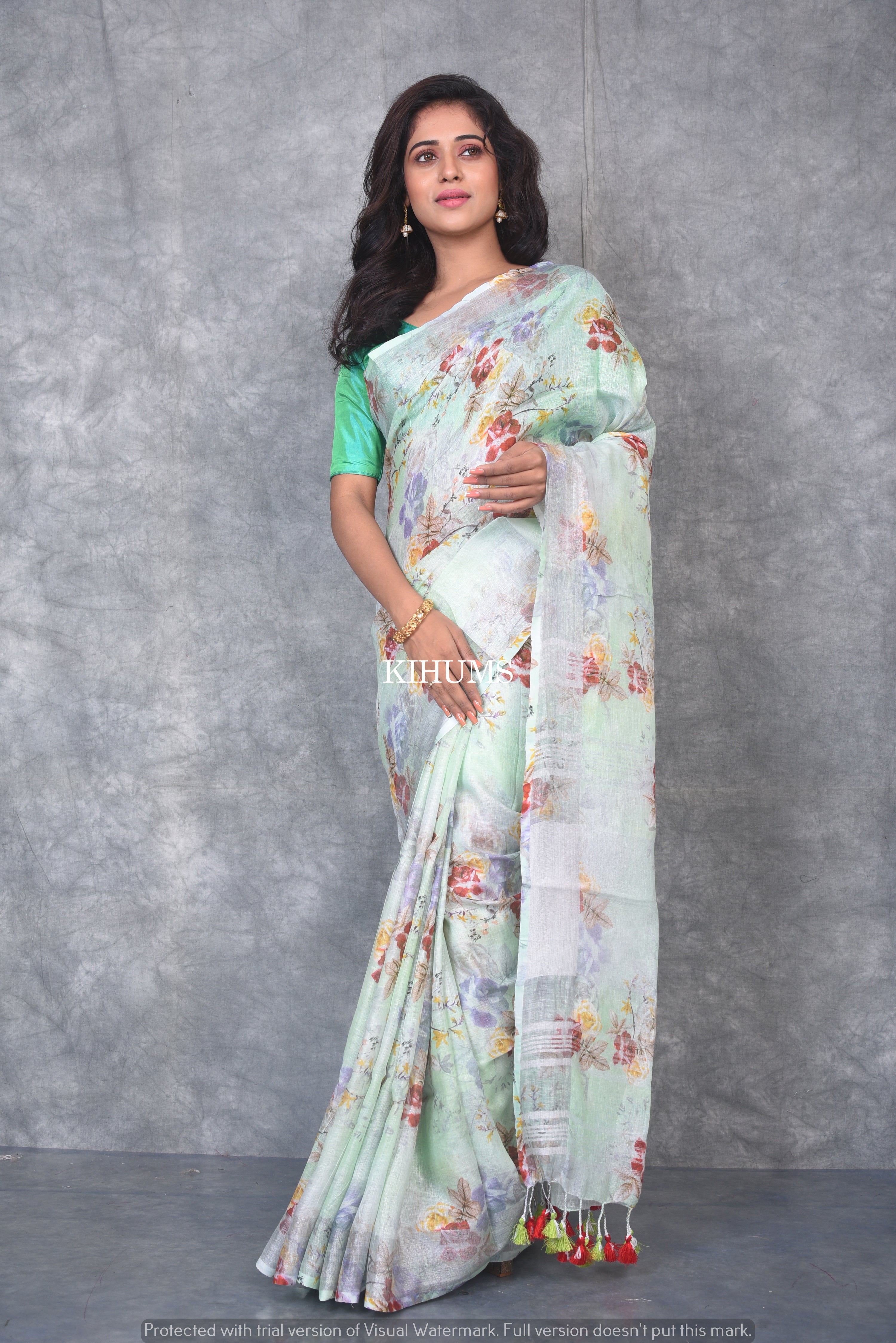 Floral Printed Daily Wear Linen Saree With Blouse