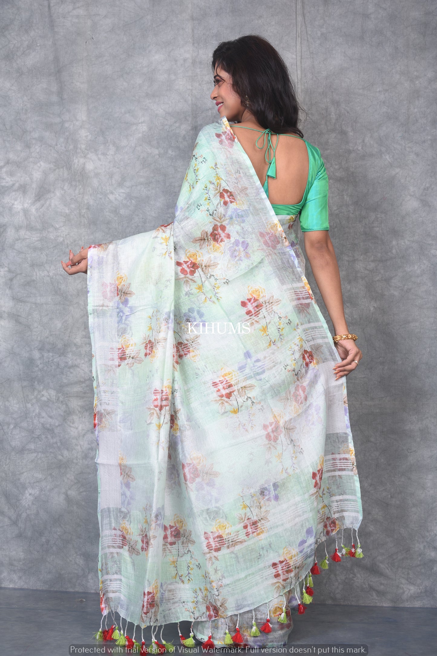 White Floral Printed linen saree I Silver Zari BorderI Handwoven Saree I Pretty Sari | KIHUMS Saree