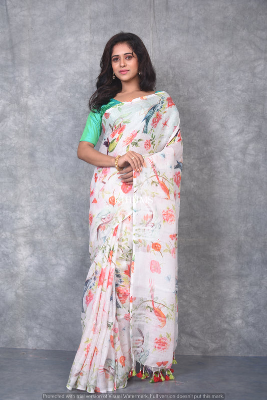 White Printed linen saree I Silver Zari BorderI Handwoven Saree I Pretty Sari | KIHUMS Saree