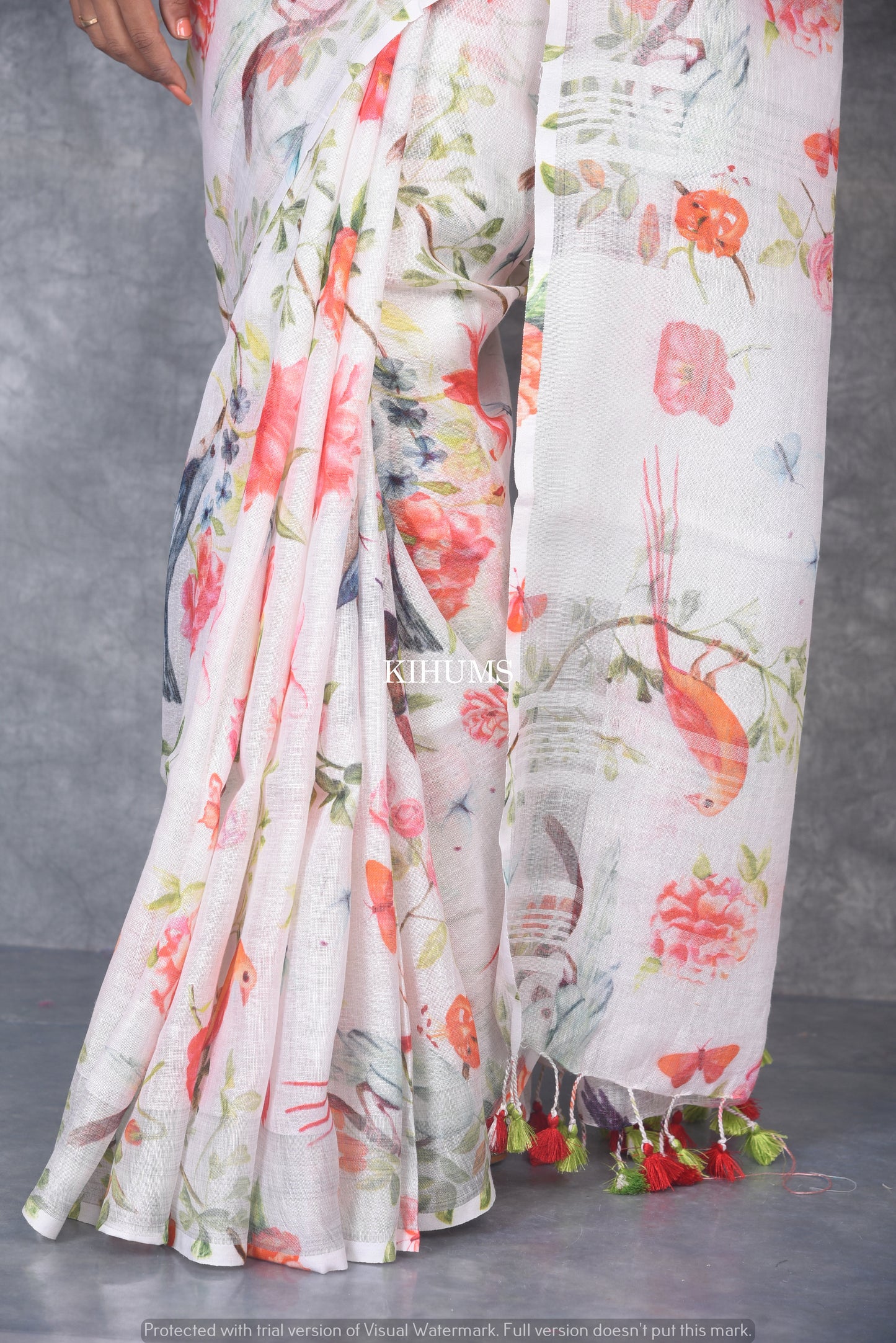 White Printed linen saree I Silver Zari BorderI Handwoven Saree I Pretty Sari | KIHUMS Saree