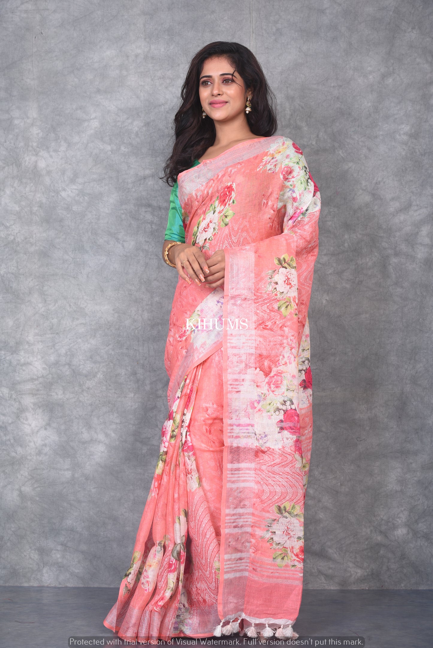 Peach Printed linen saree I Silver Zari BorderI Handwoven Saree I Pretty Sari | KIHUMS Saree