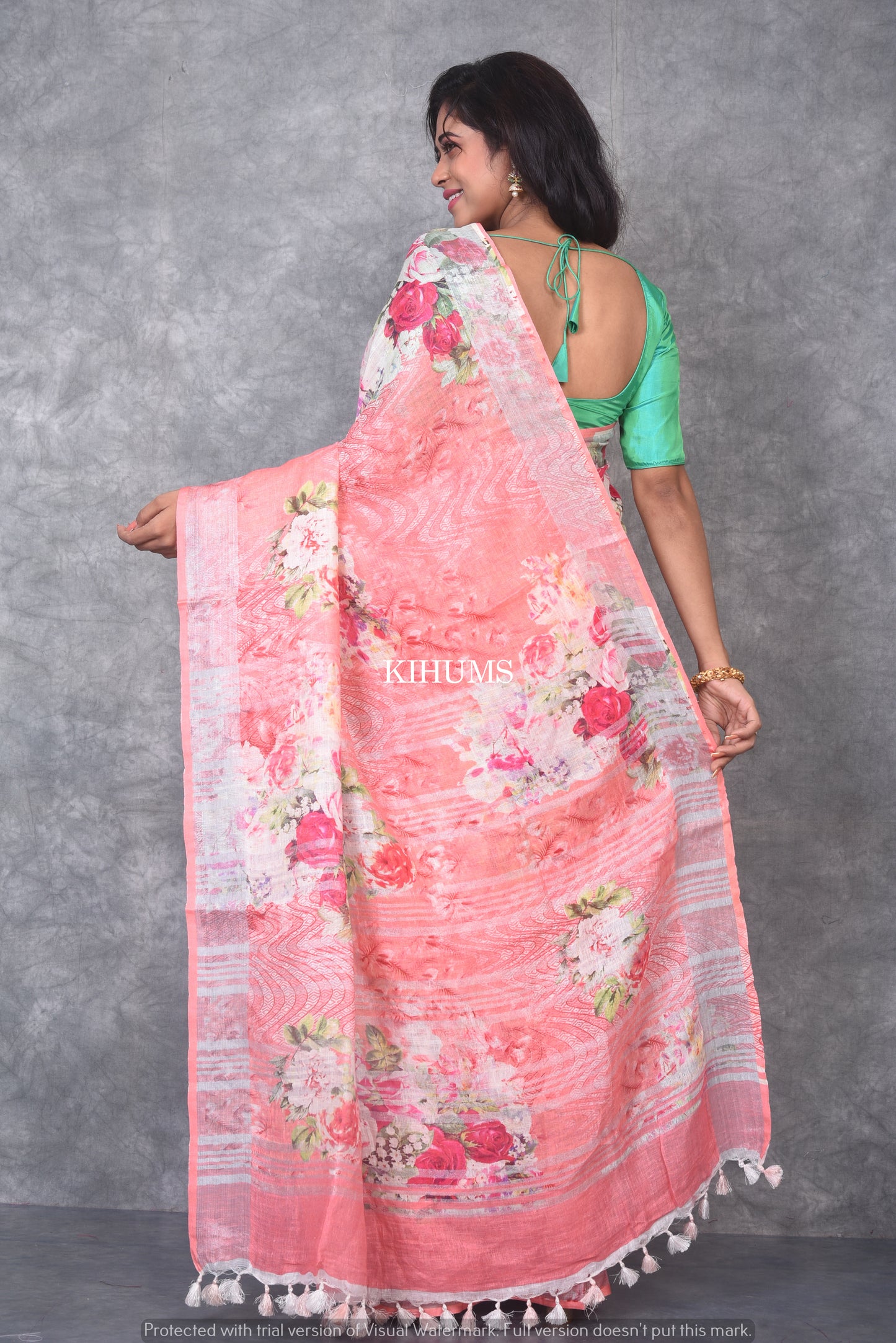 Peach Printed linen saree I Silver Zari BorderI Handwoven Saree I Pretty Sari | KIHUMS Saree