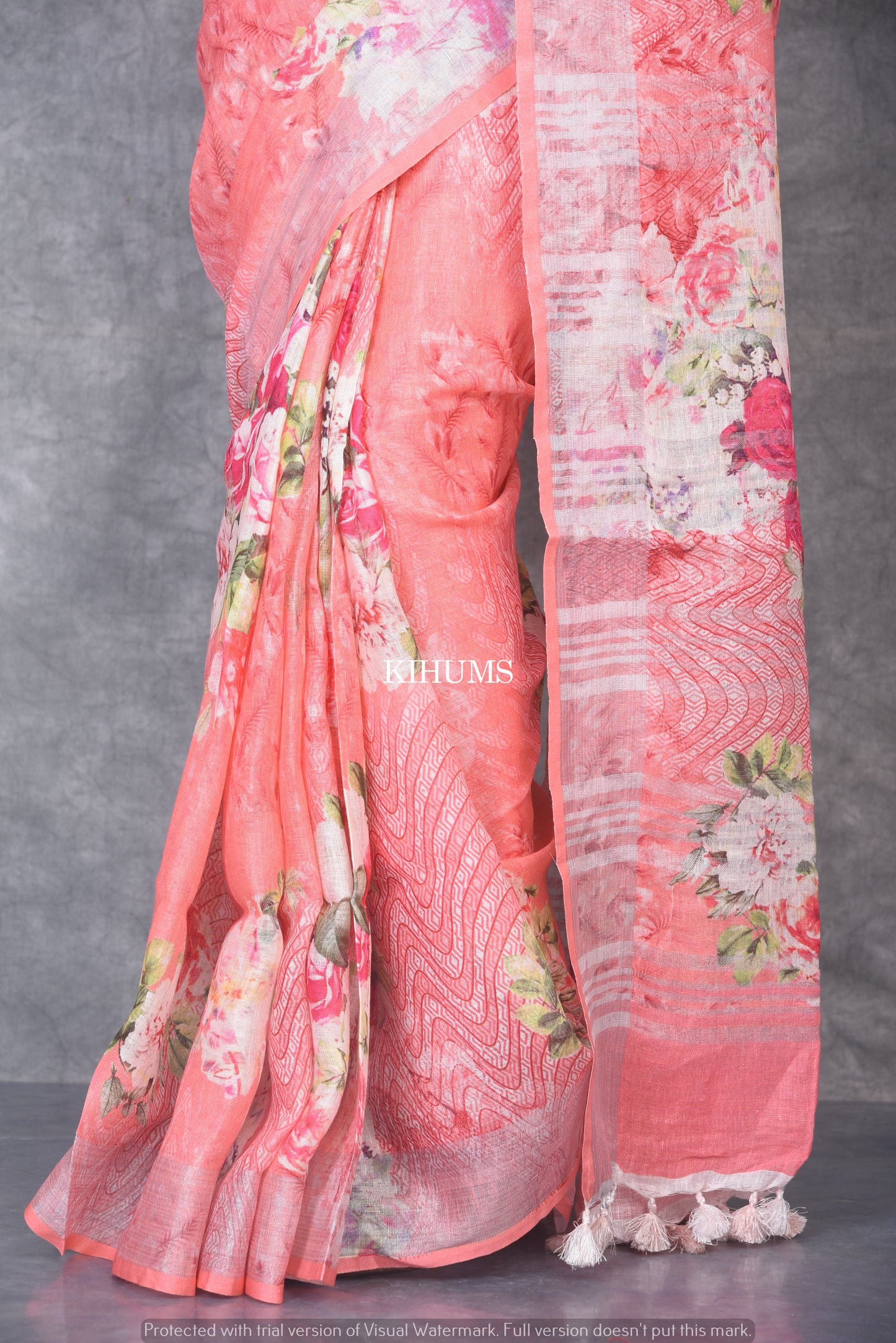 Peach Printed linen saree I Silver Zari BorderI Handwoven Saree I Pretty Sari | KIHUMS Saree