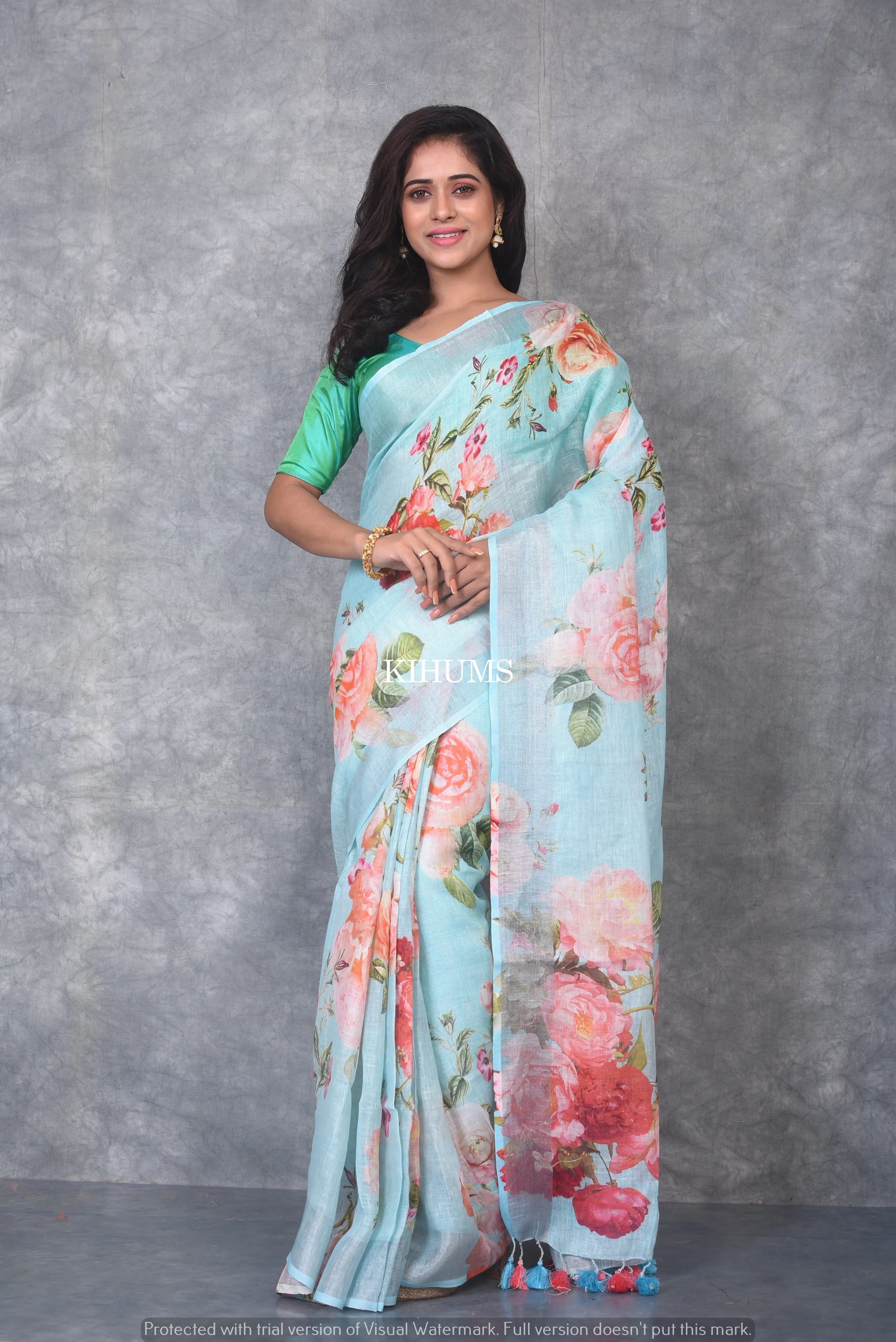 Blue shade Printed linen saree I Silver Zari BorderI Handwoven Saree I ...