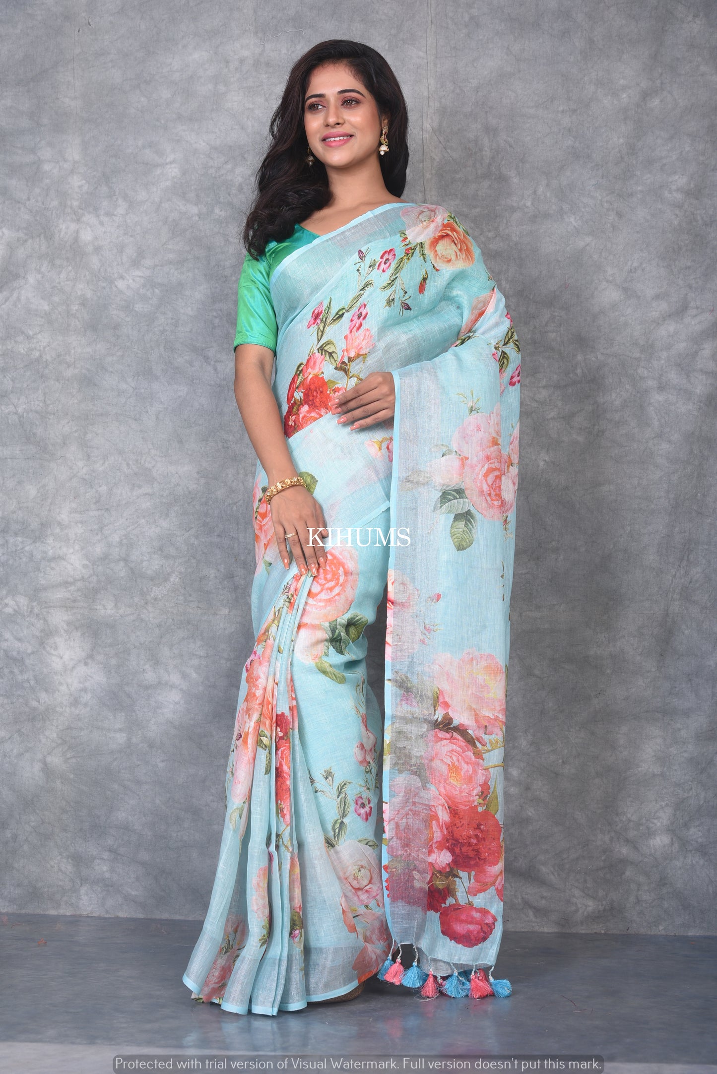 Blue shade Printed linen saree I Silver Zari BorderI Handwoven Saree I Pretty Sari | KIHUMS Saree