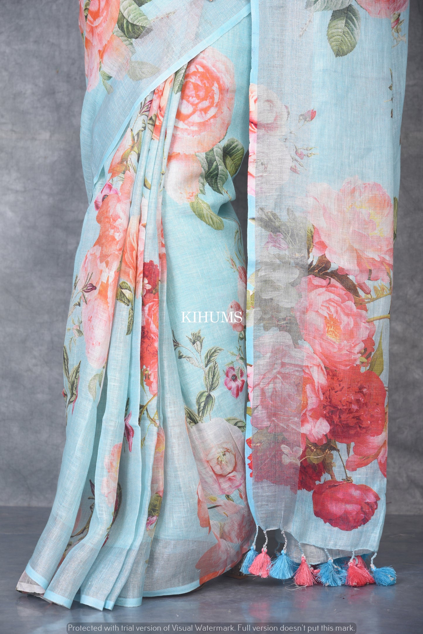 Blue shade Printed linen saree I Silver Zari BorderI Handwoven Saree I Pretty Sari | KIHUMS Saree