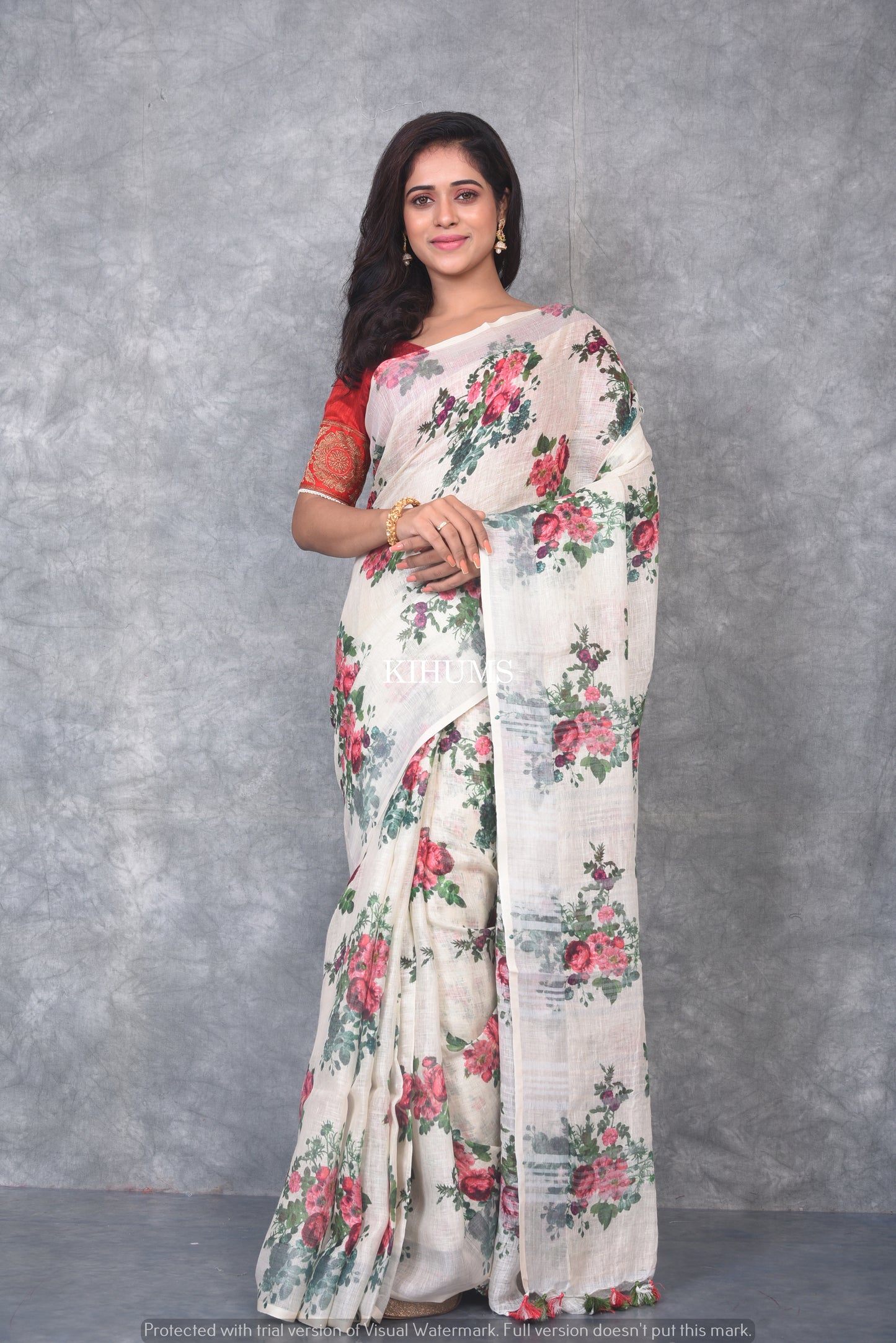 Ivory shade Floral Printed linen saree I Silver Zari BorderI Handwoven Saree I Pretty Sari | KIHUMS Saree