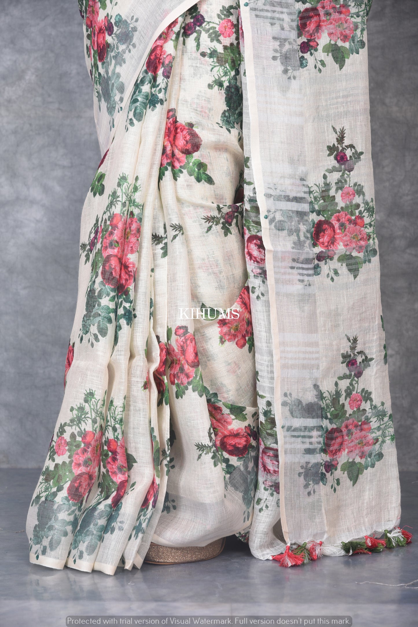 Ivory shade Floral Printed linen saree I Silver Zari BorderI Handwoven Saree I Pretty Sari | KIHUMS Saree