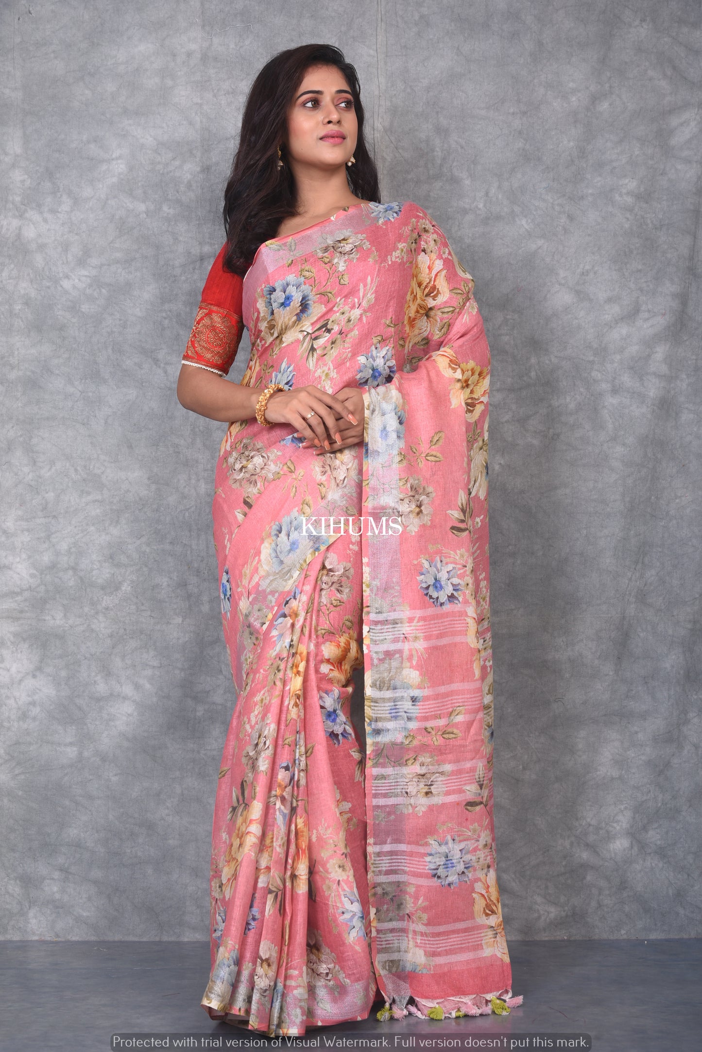 Peach shade Floral Printed linen saree I Silver Zari BorderI Handwoven Saree I Pretty Sari | KIHUMS Saree