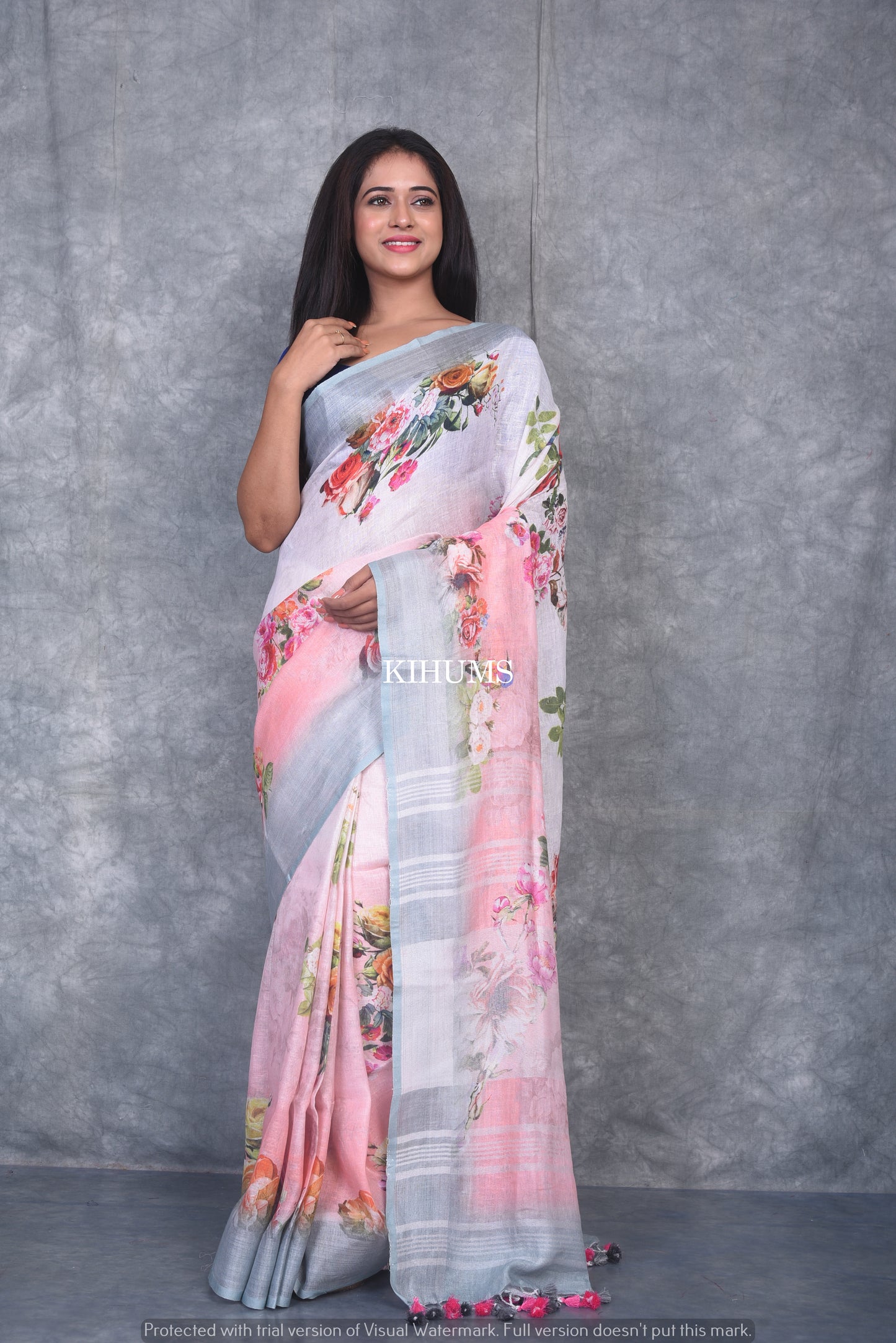 White & peach Dual shade Floral Printed linen saree I Silver Zari BorderI Handwoven Saree I Pretty Sari | KIHUMS Saree