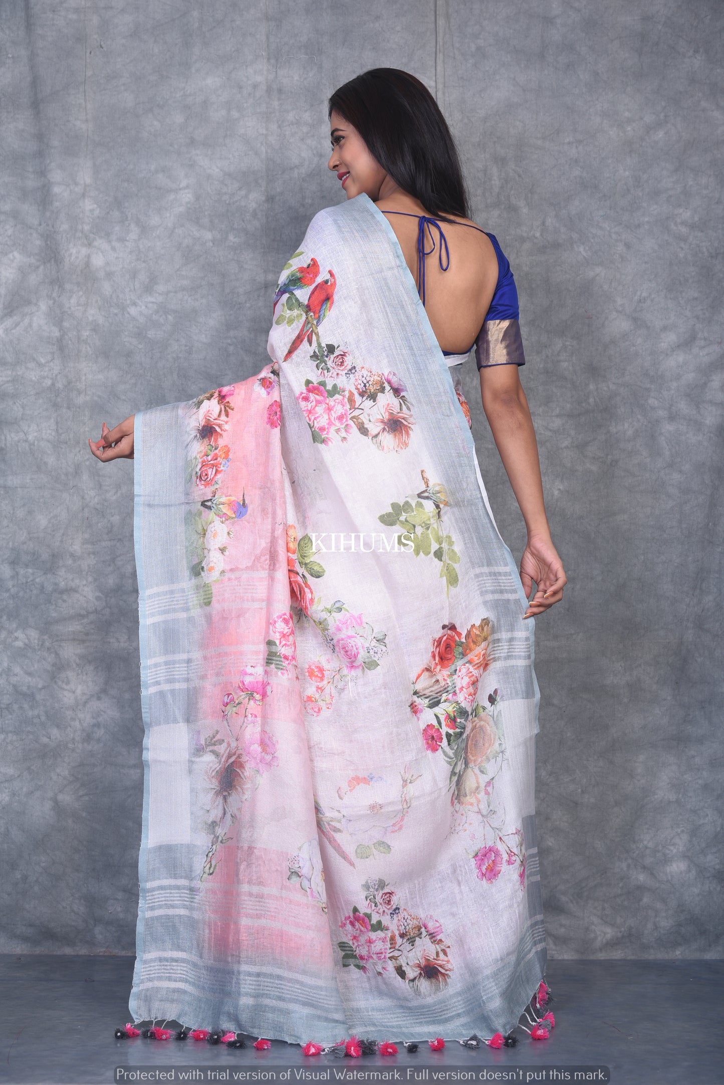 White & peach Dual shade Floral Printed linen saree I Silver Zari BorderI Handwoven Saree I Pretty Sari | KIHUMS Saree