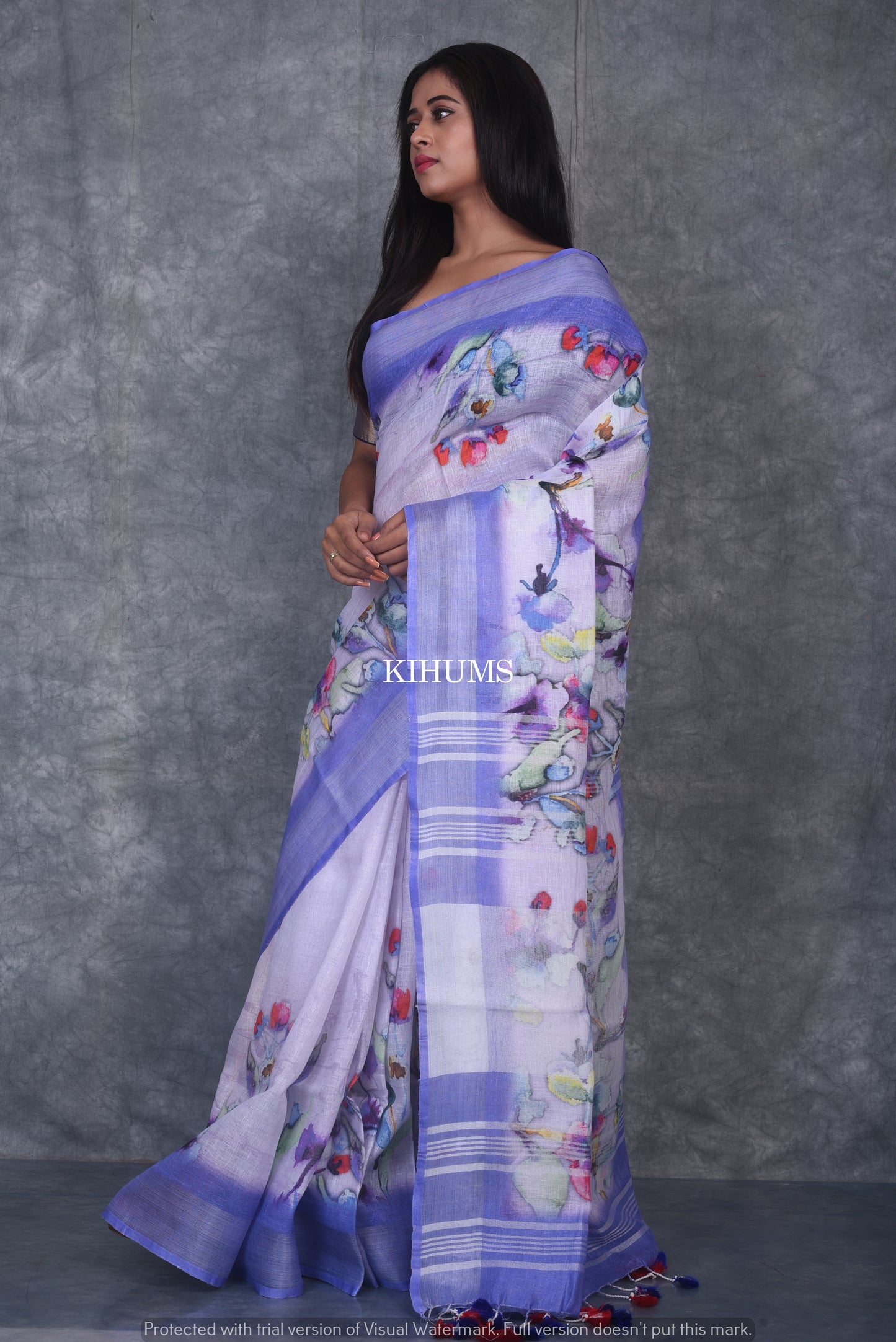 White Floral Printed linen saree I Silver Zari & Indigo BorderI Handwoven Saree I Pretty Sari | KIHUMS Saree