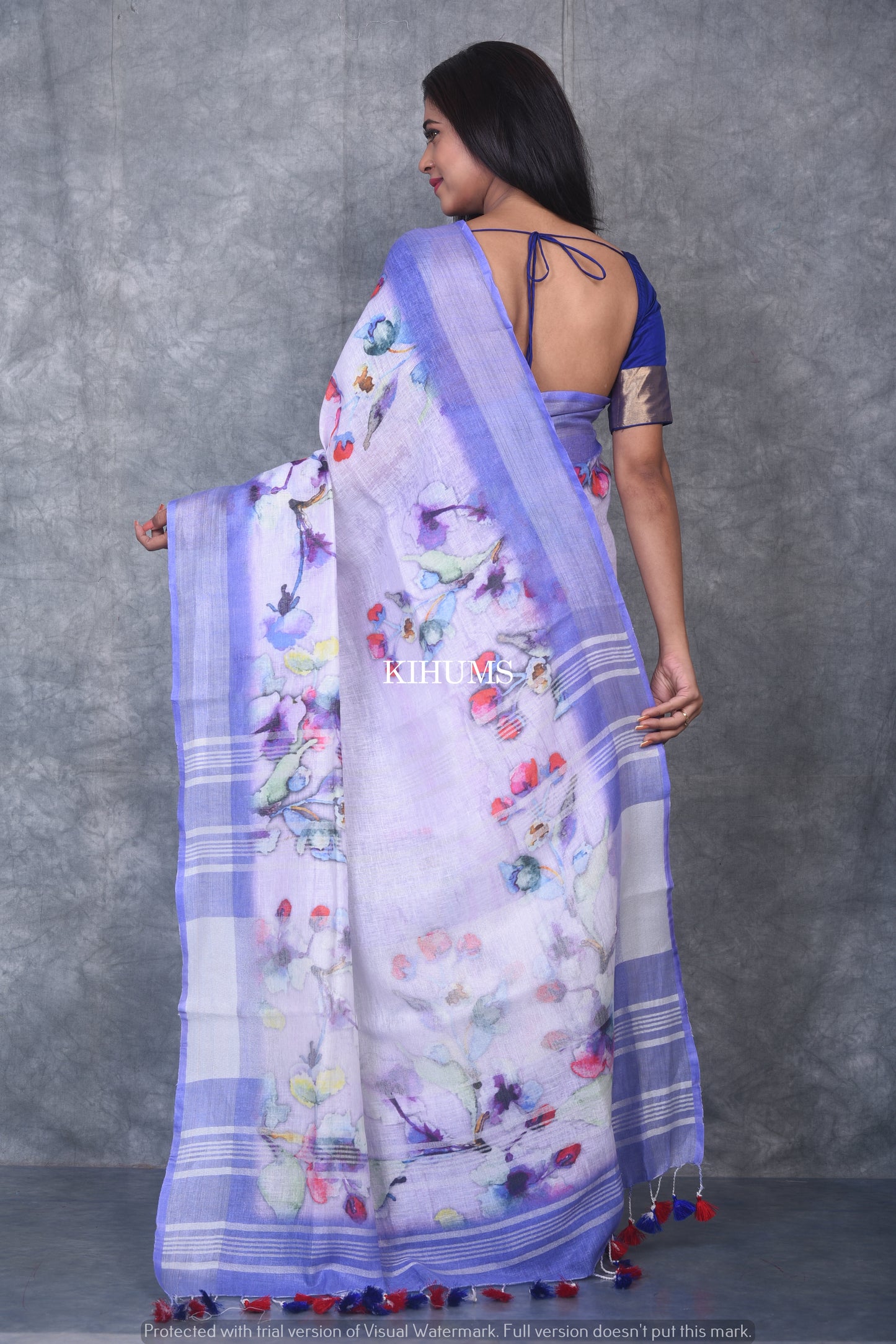 White Floral Printed linen saree I Silver Zari & Indigo BorderI Handwoven Saree I Pretty Sari | KIHUMS Saree