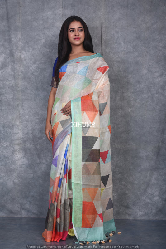 Multishade Printed linen saree I Silver Zari & Indigo BorderI Handwoven Saree I Pretty Sari | KIHUMS Saree