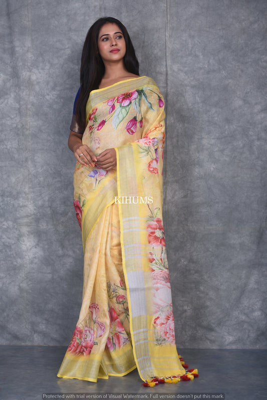 Yellow floral Printed linen saree I Silver Zari & Indigo BorderI Handwoven Saree I Pretty Sari | KIHUMS Saree