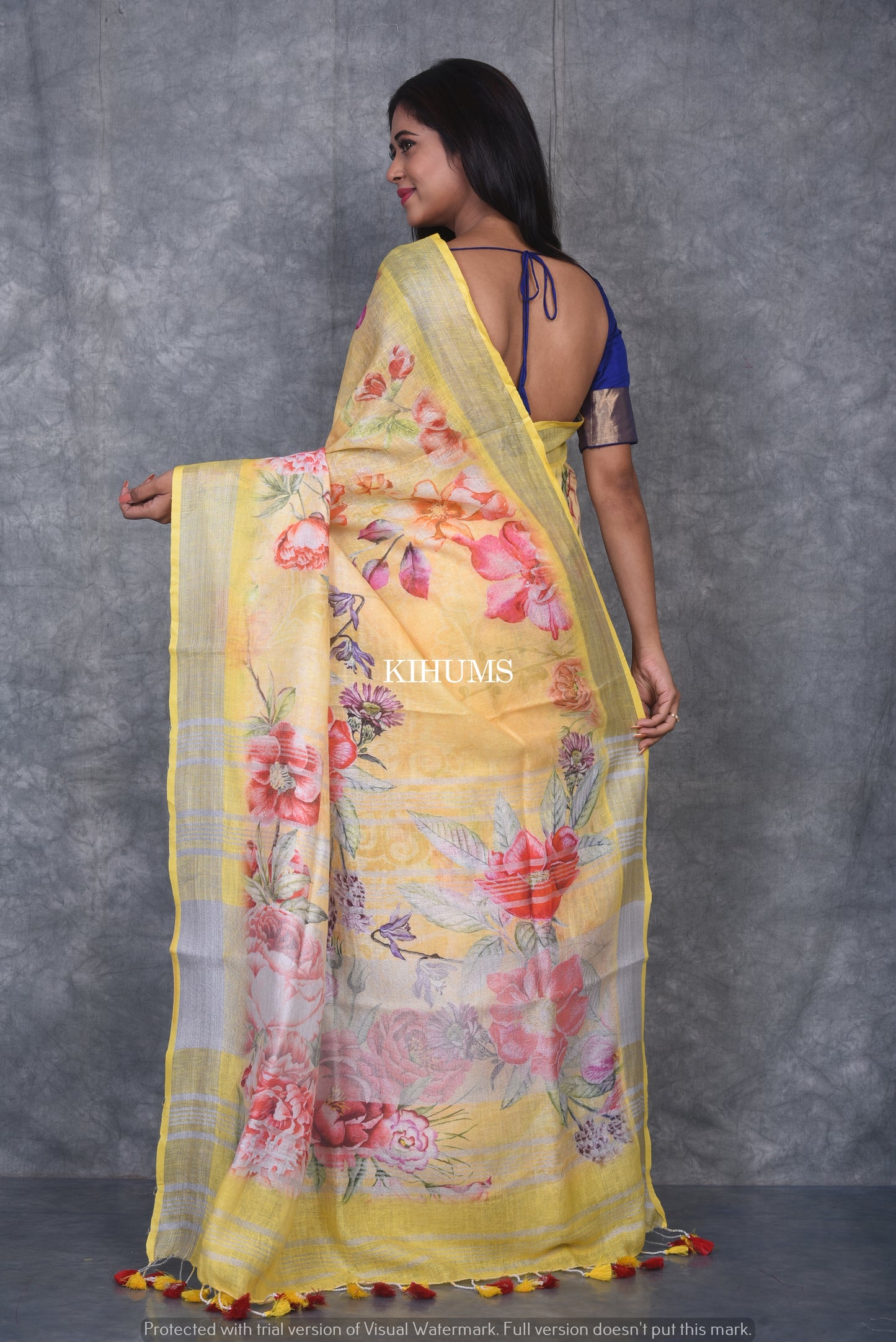 Yellow floral Printed linen saree I Silver Zari & Indigo BorderI Handwoven Saree I Pretty Sari | KIHUMS Saree