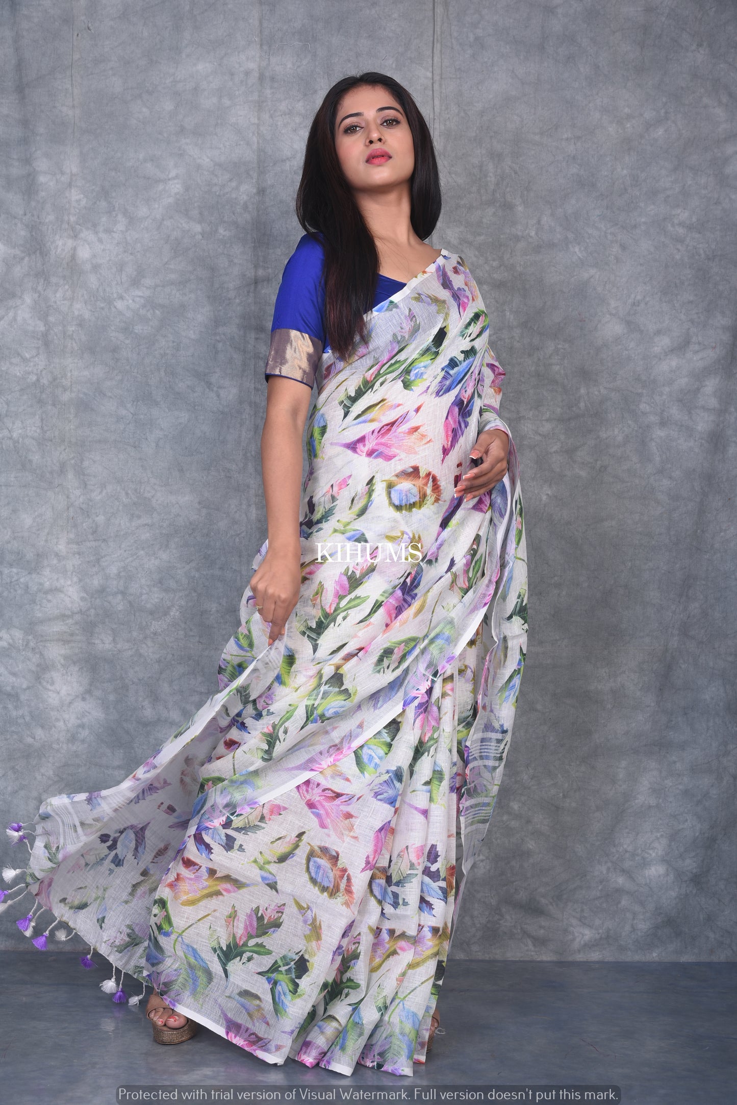 Multishade printed linen saree I Silver Zari & Indigo BorderI Handwoven Saree I Pretty Sari | KIHUMS Saree