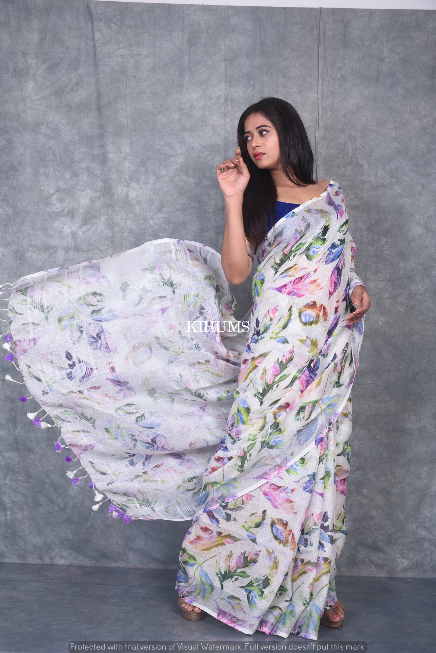 Multishade printed linen saree I Silver Zari & Indigo BorderI Handwoven Saree I Pretty Sari | KIHUMS Saree