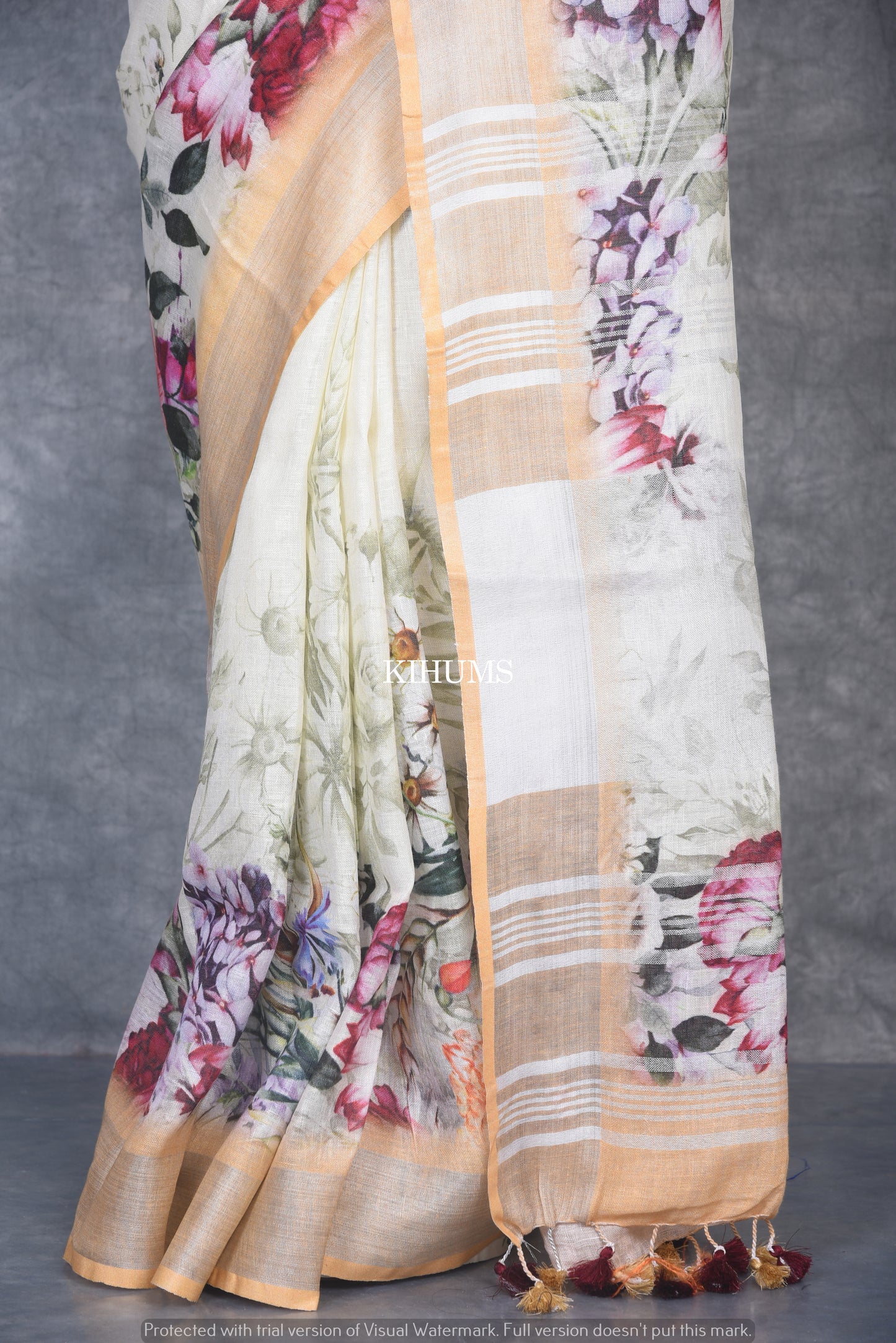 Multishade printed linen saree I Silver Zari & Indigo BorderI Handwoven Saree I Pretty Sari | KIHUMS Saree