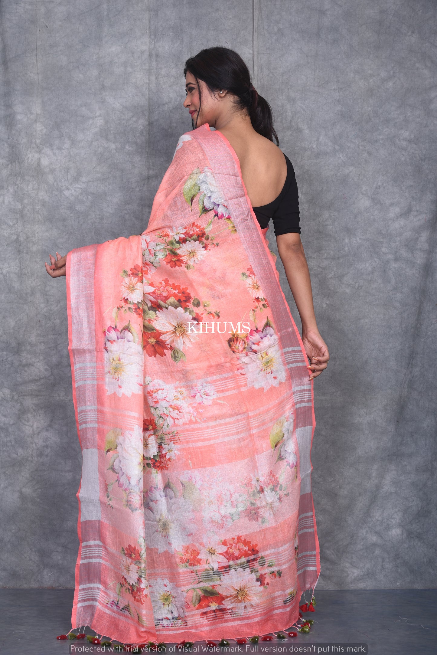 Peach Floral printed linen saree I Silver Zari & Indigo BorderI Handwoven Saree I Pretty Sari | KIHUMS Saree