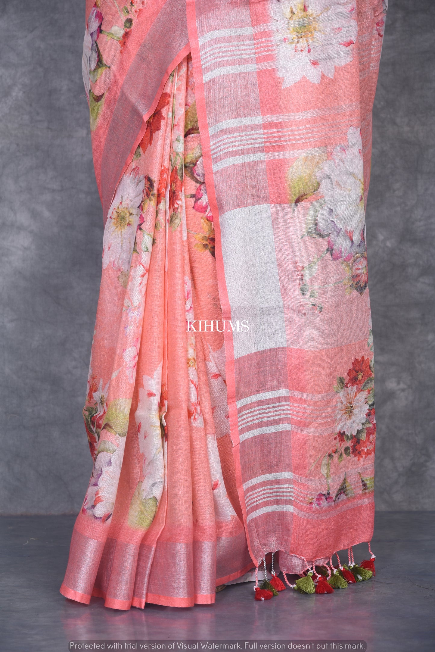 Peach Floral printed linen saree I Silver Zari & Indigo BorderI Handwoven Saree I Pretty Sari | KIHUMS Saree