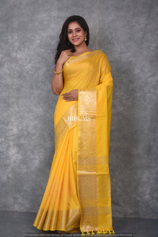 Yellow Handmade Silk Viscose Saree | Gold Zari Jacquard Border | KIHUMS Saree