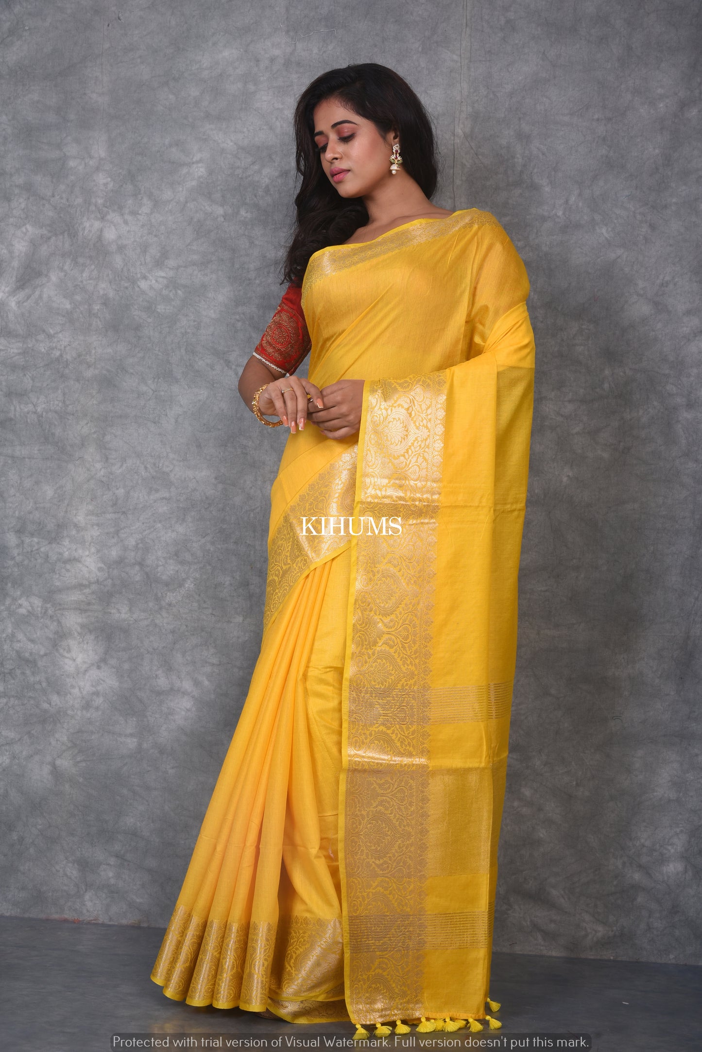 Yellow Handmade Silk Viscose Saree | Gold Zari Jacquard Border | KIHUMS Saree