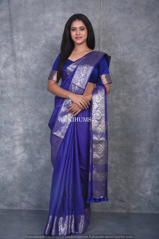 Blue Handmade Silk Viscose Saree | Gold Zari Jacquard Border | KIHUMS Saree