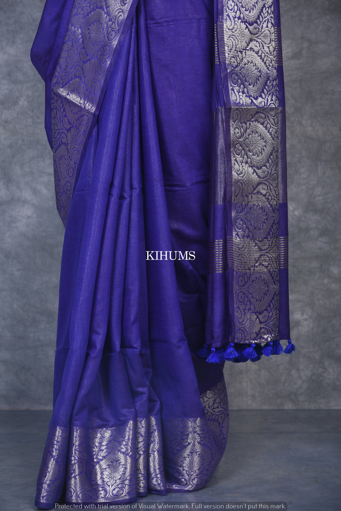 Blue Handmade Silk Viscose Saree | Gold Zari Jacquard Border | KIHUMS Saree