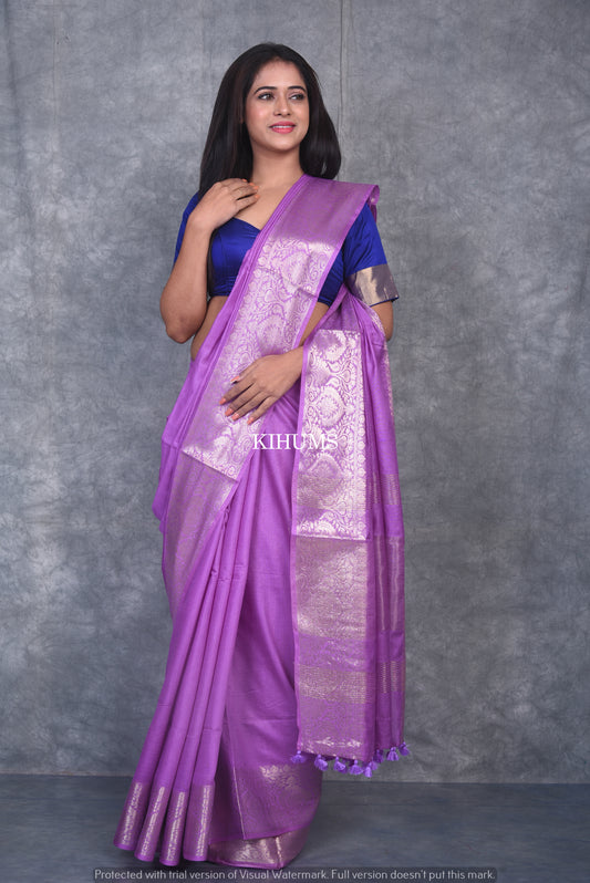 Lavender Handmade Silk Viscose Saree | Gold Zari Jacquard Border | KIHUMS Saree
