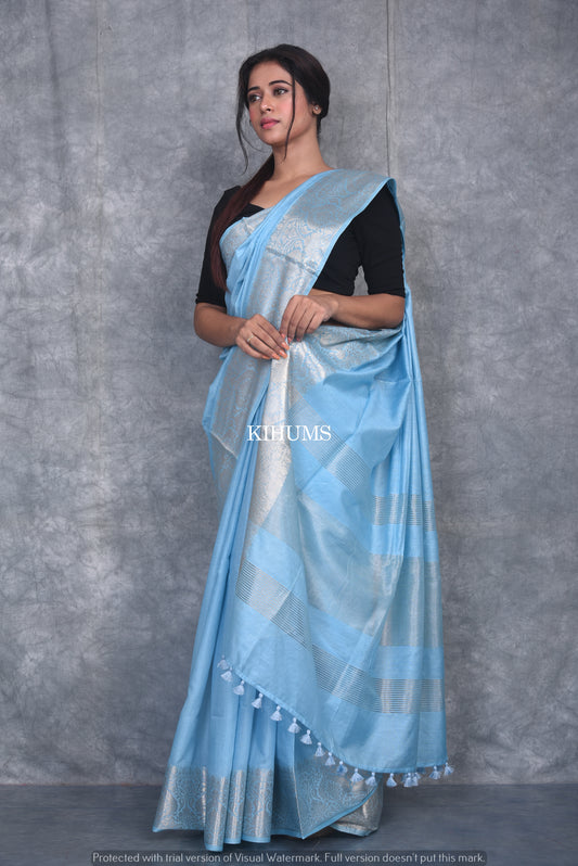 Light Blue Handmade Silk Viscose Saree | Gold Zari Jacquard Border | KIHUMS Saree