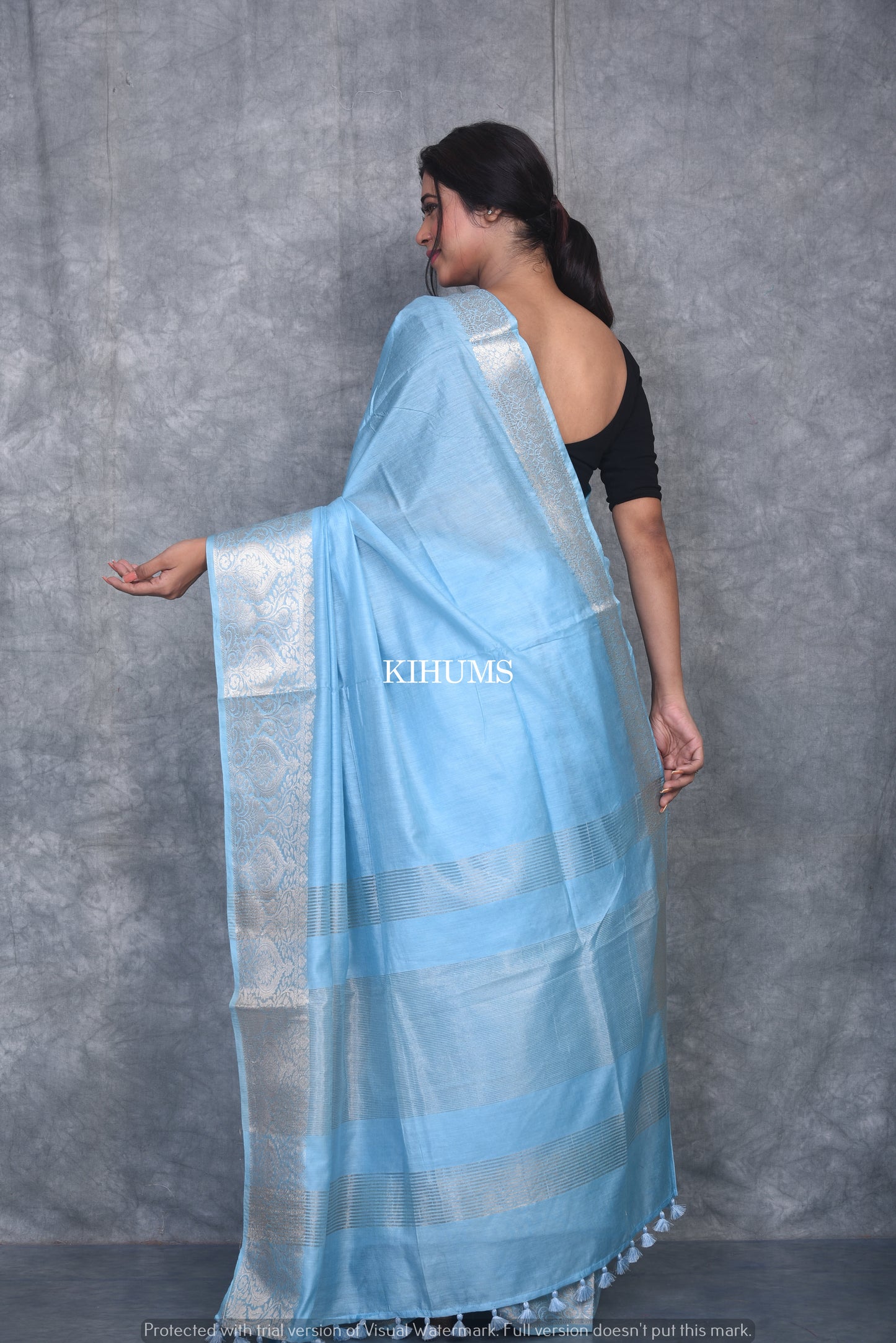Light Blue Handmade Silk Viscose Saree | Gold Zari Jacquard Border | KIHUMS Saree