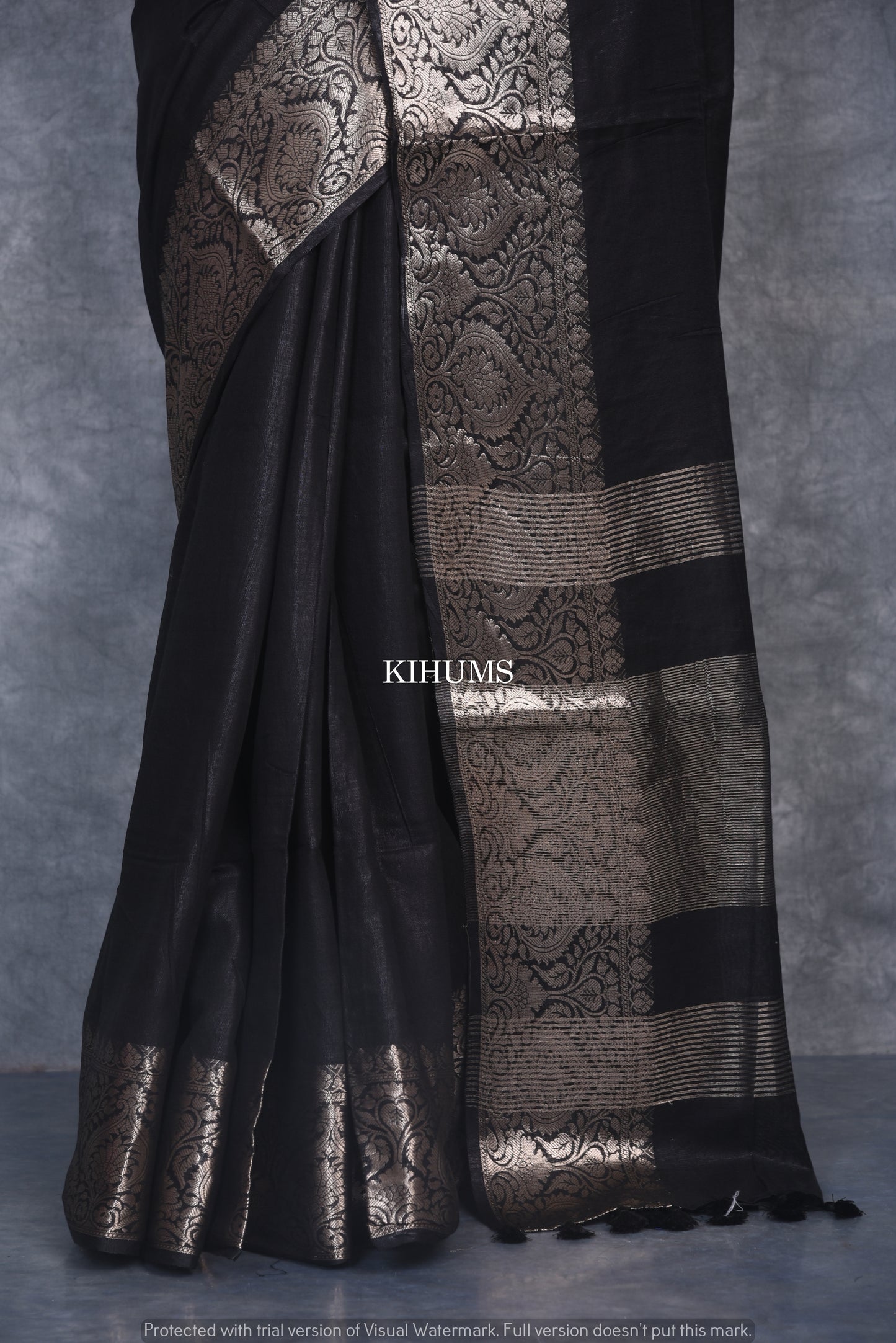 Black Handmade Silk Viscose Saree | Gold Zari Jacquard Border | KIHUMS Saree