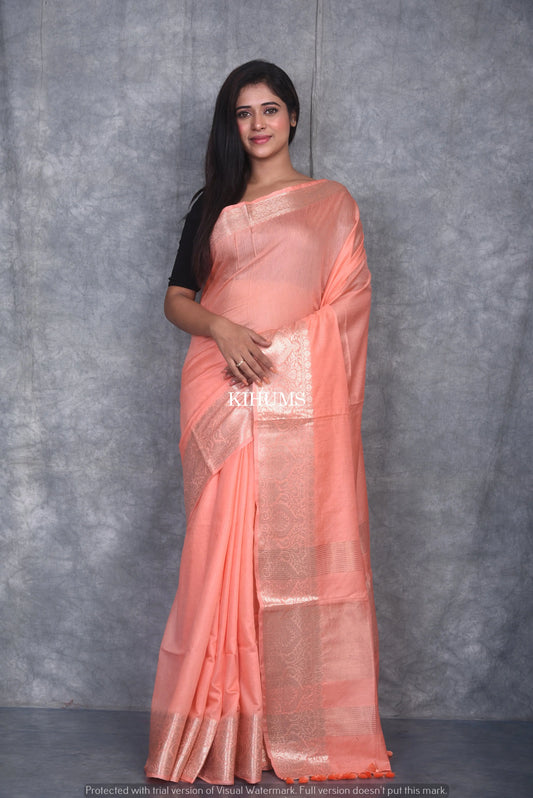 Salmon Shade Handmade Silk Viscose Saree | Gold Zari Jacquard Border | KIHUMS Saree kihums clothing