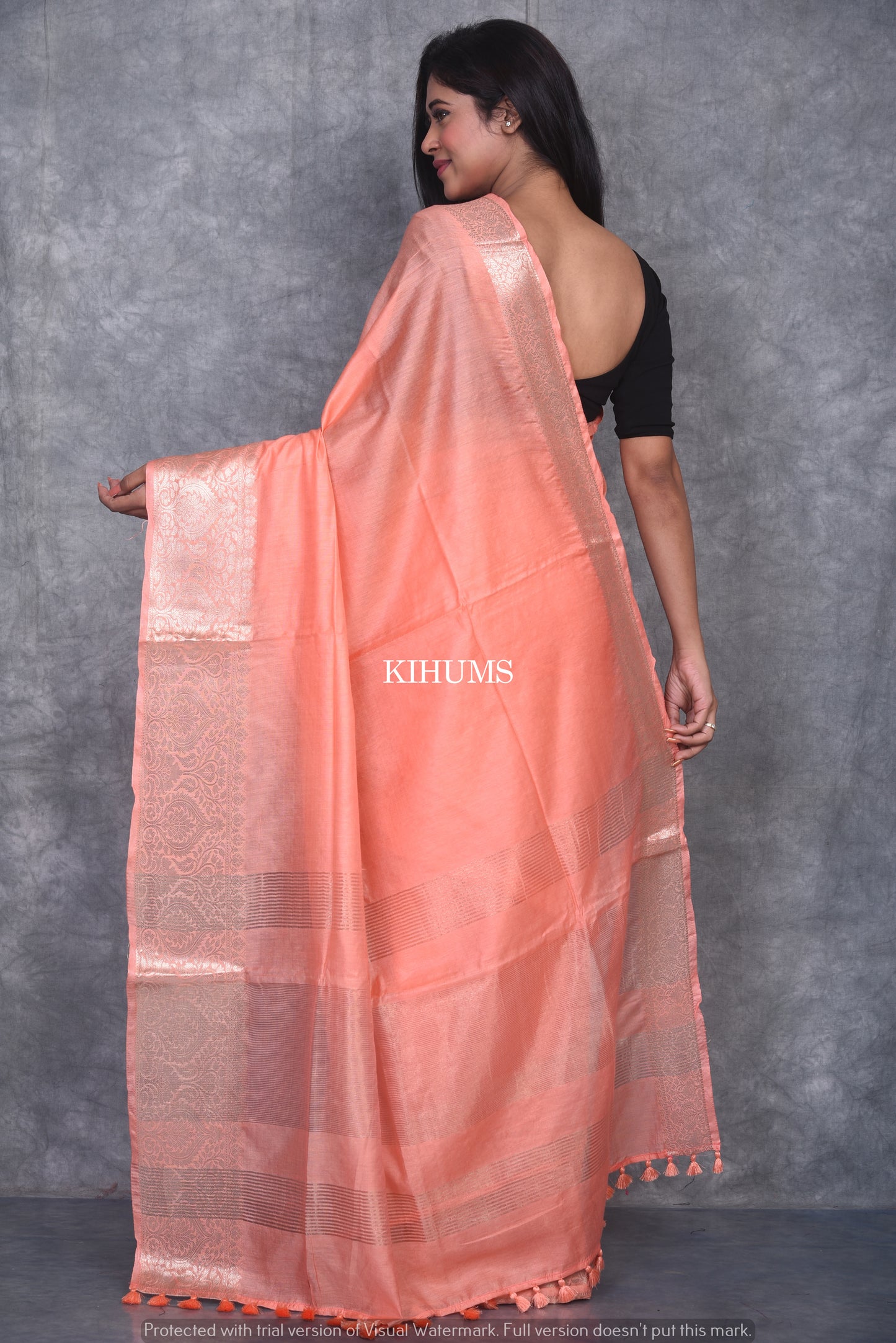 Salmon Shade Handmade Silk Viscose Saree | Gold Zari Jacquard Border | KIHUMS Saree