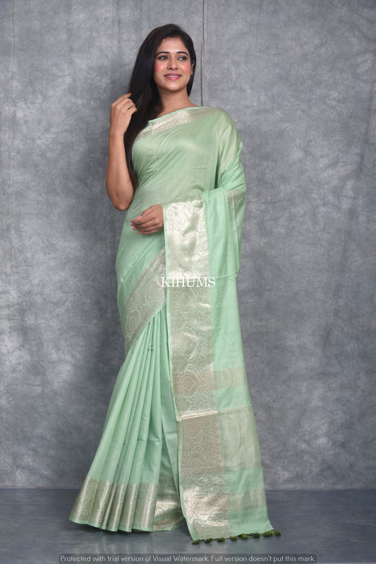 Light Green Shade Handmade Silk Viscose Saree | Zari Jacquard Border | KIHUMS Saree
