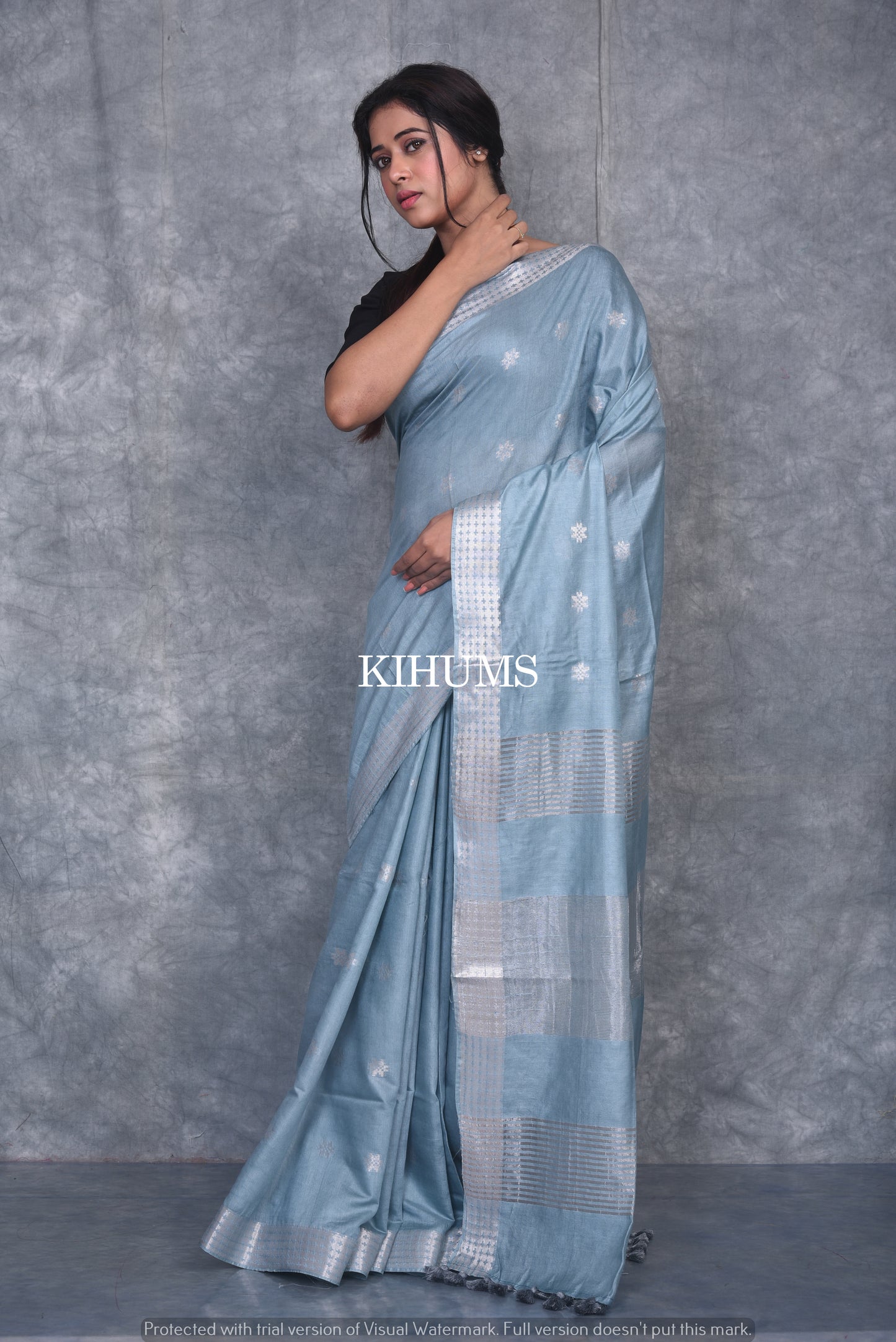 Ice Blue Shade Handmade Viscose Silk Saree | Zari woven Border | KIHUMS Saree