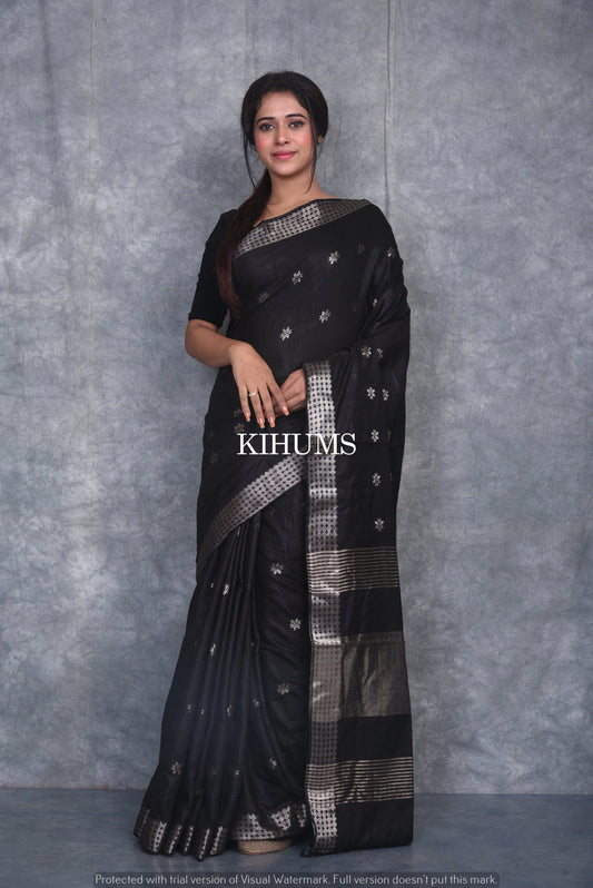 Black Handmade Viscose Silk Saree | Zari woven Border | KIHUMS Saree