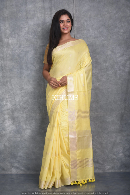 Lemon Yellow Handmade Viscose Silk Saree | Zari woven Border | KIHUMS Saree