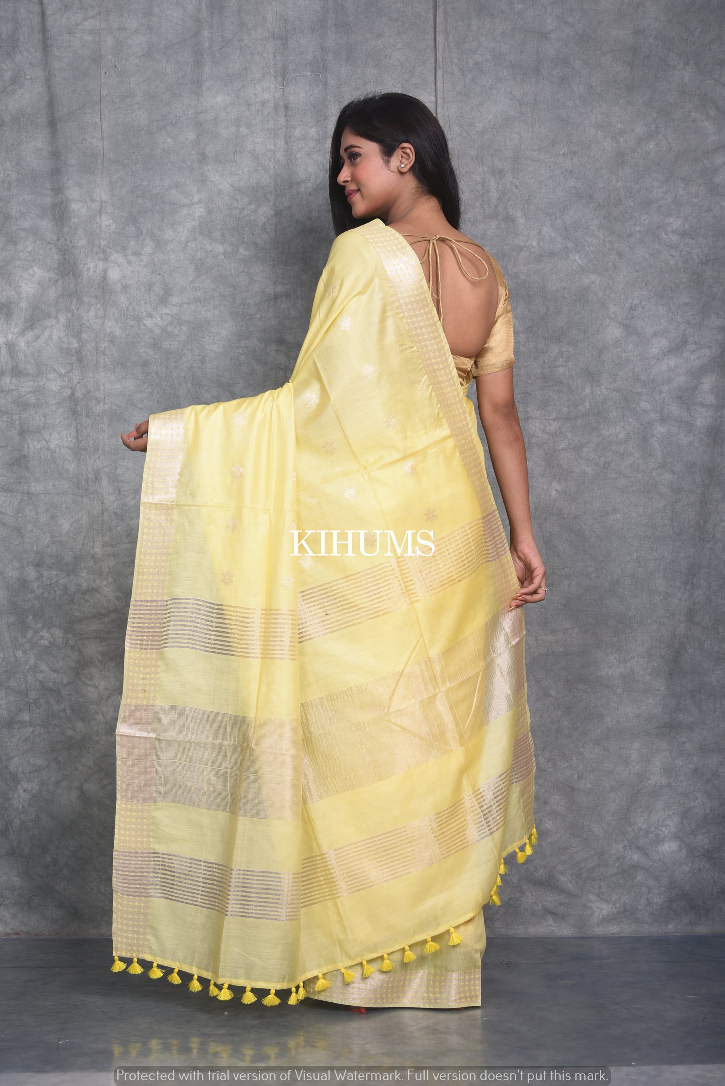 Lemon Yellow Handmade Viscose Silk Saree | Zari woven Border | KIHUMS Saree