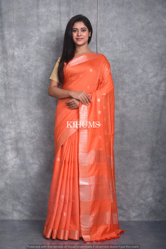 Orange Handmade Viscose Silk Saree | Zari woven Border | KIHUMS Saree