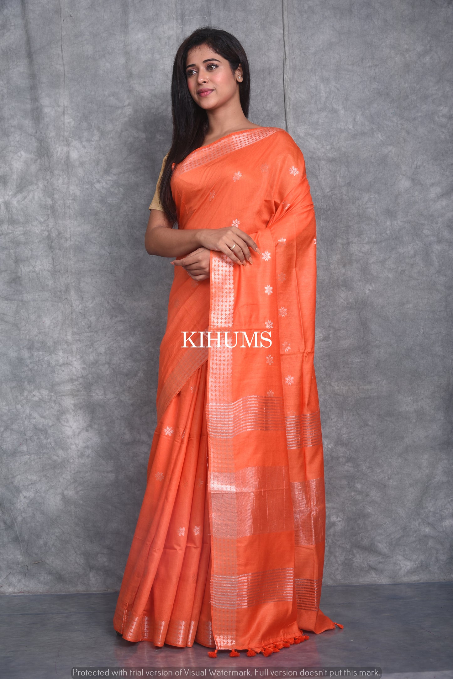 Orange Handmade Viscose Silk Saree | Zari woven Border | KIHUMS Saree