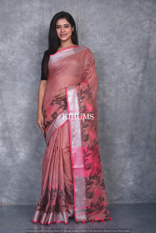 Brick Shade Pure Linen Saree | Thread Woven Floral Design | Silver Zari borders | KIHUMS Saree
