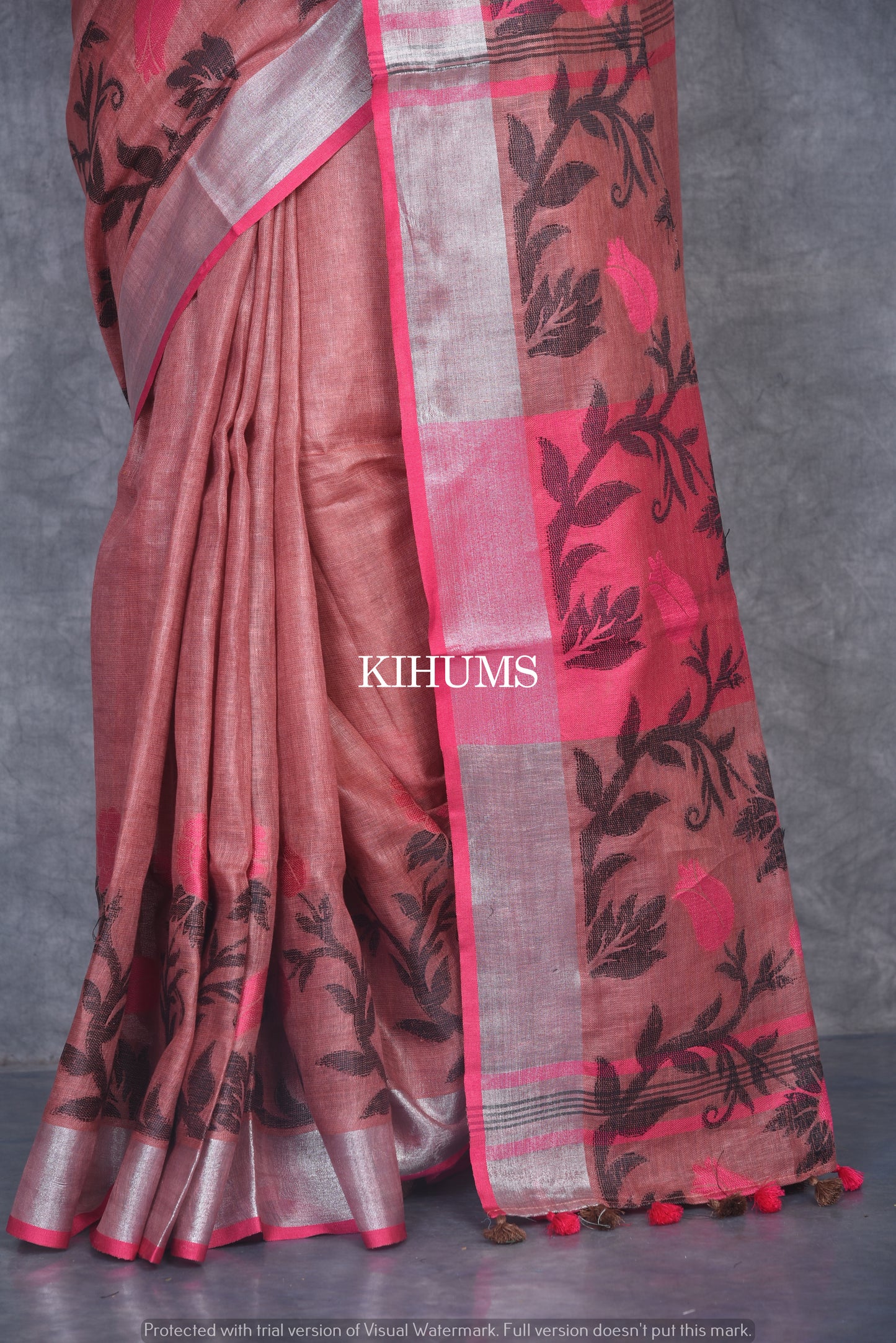 Brick Shade Pure Linen Saree | Thread Woven Floral Design | Silver Zari borders | KIHUMS Saree