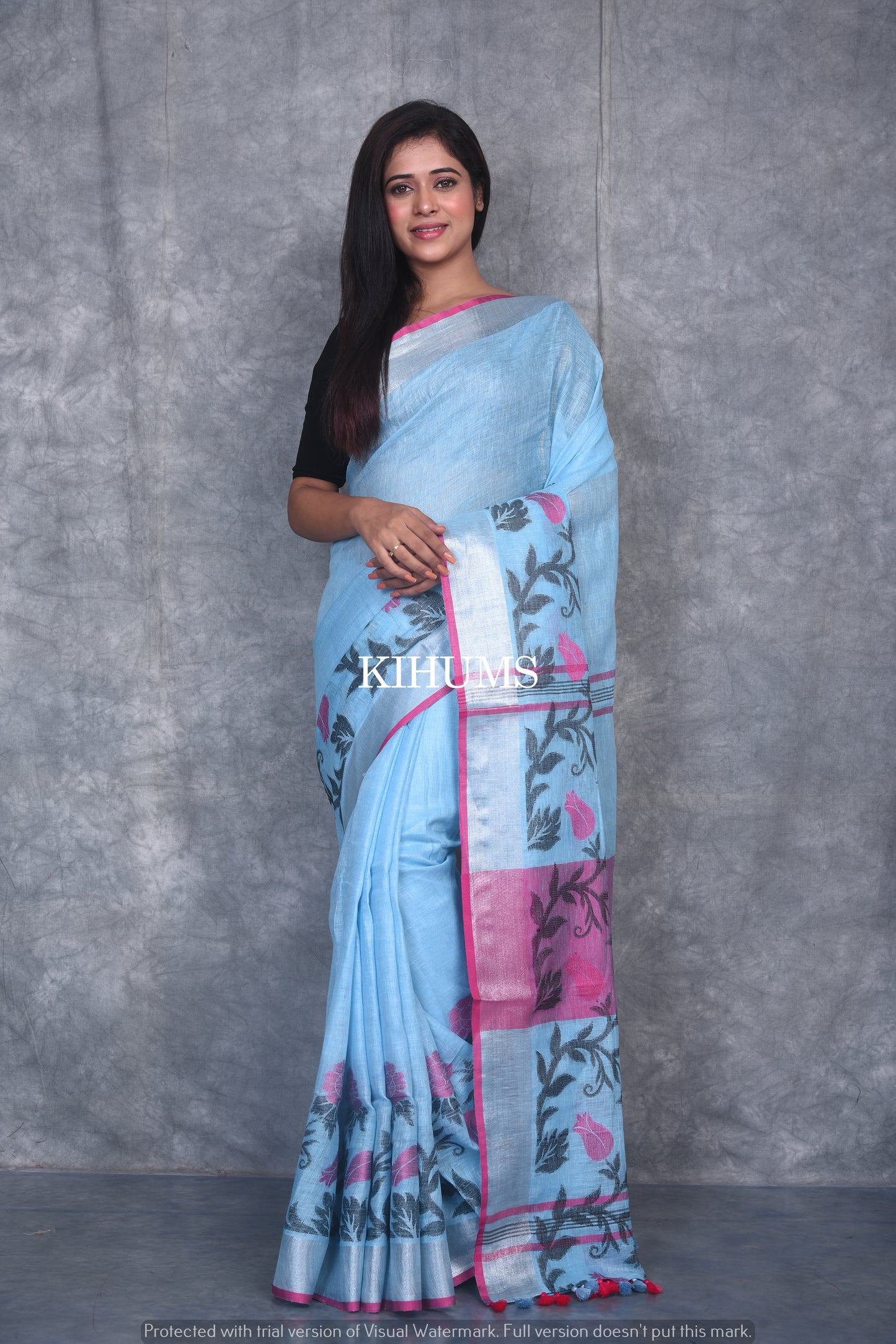 Light Blue Shade Pure Linen Saree | Thread Woven Floral Design | Silver Zari borders | KIHUMS Saree