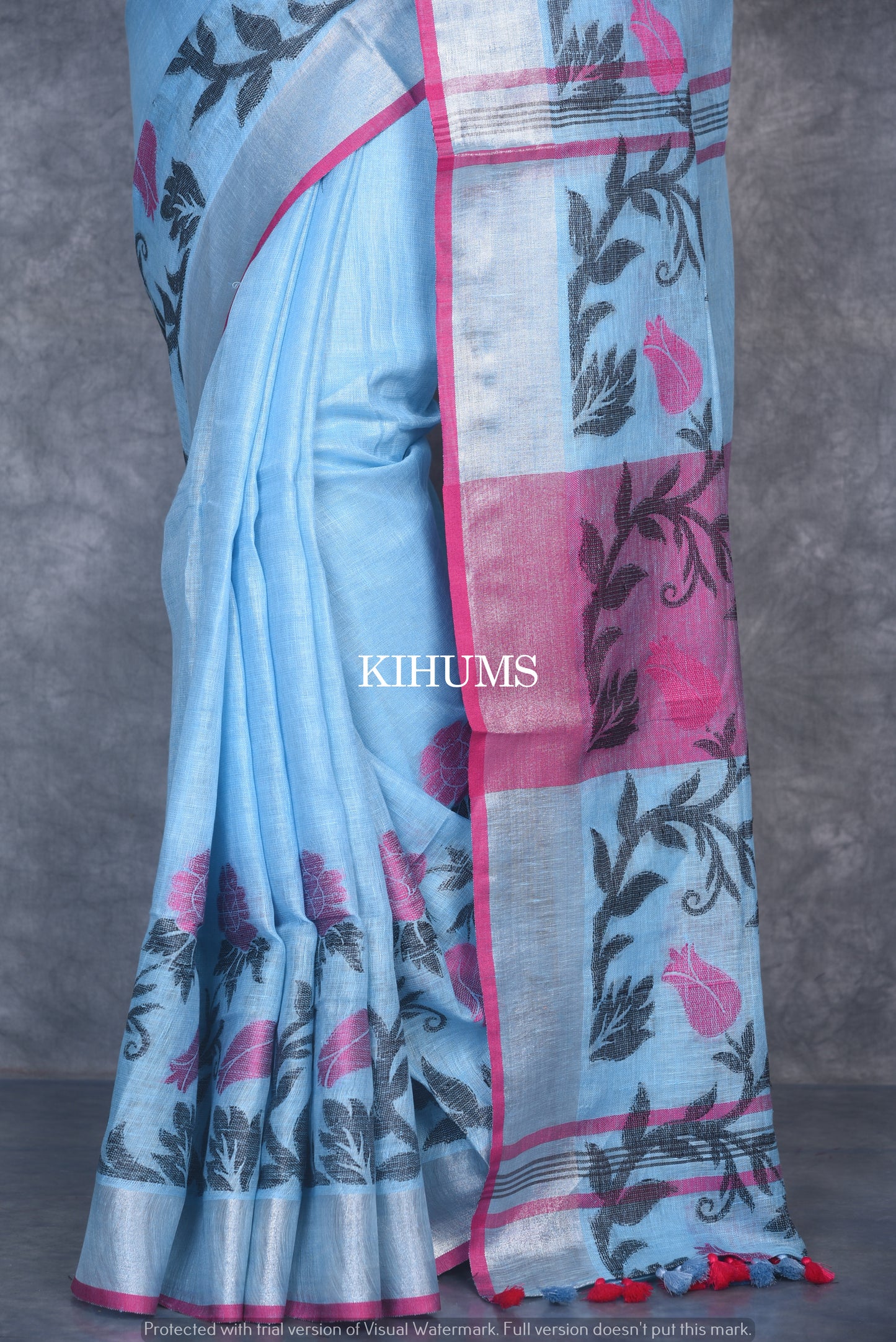 Light Blue Shade Pure Linen Saree | Thread Woven Floral Design | Silver Zari borders | KIHUMS Saree