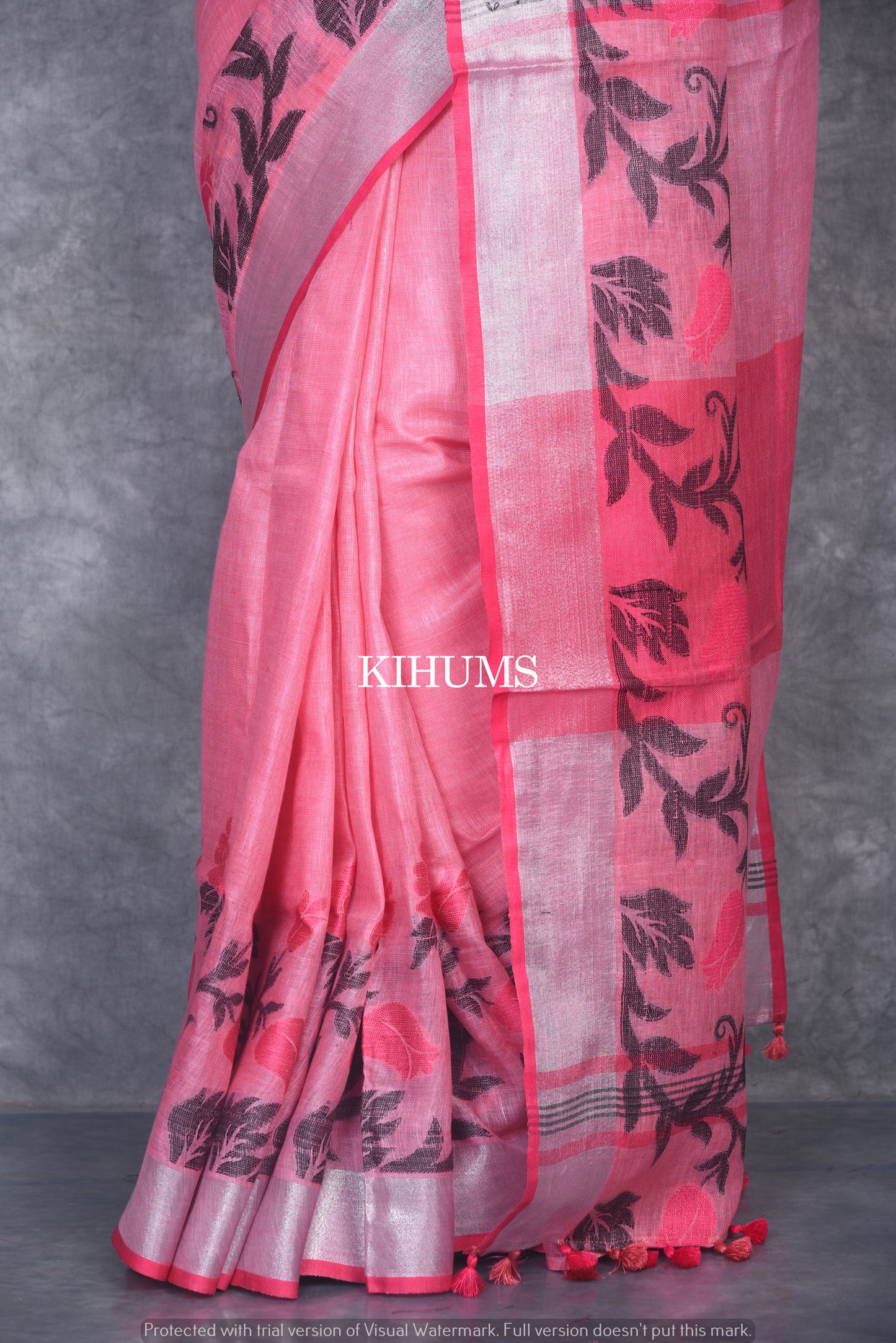 Light Pink Shade Pure Linen Saree | Thread Woven Floral Design | Silver Zari borders | KIHUMS Saree
